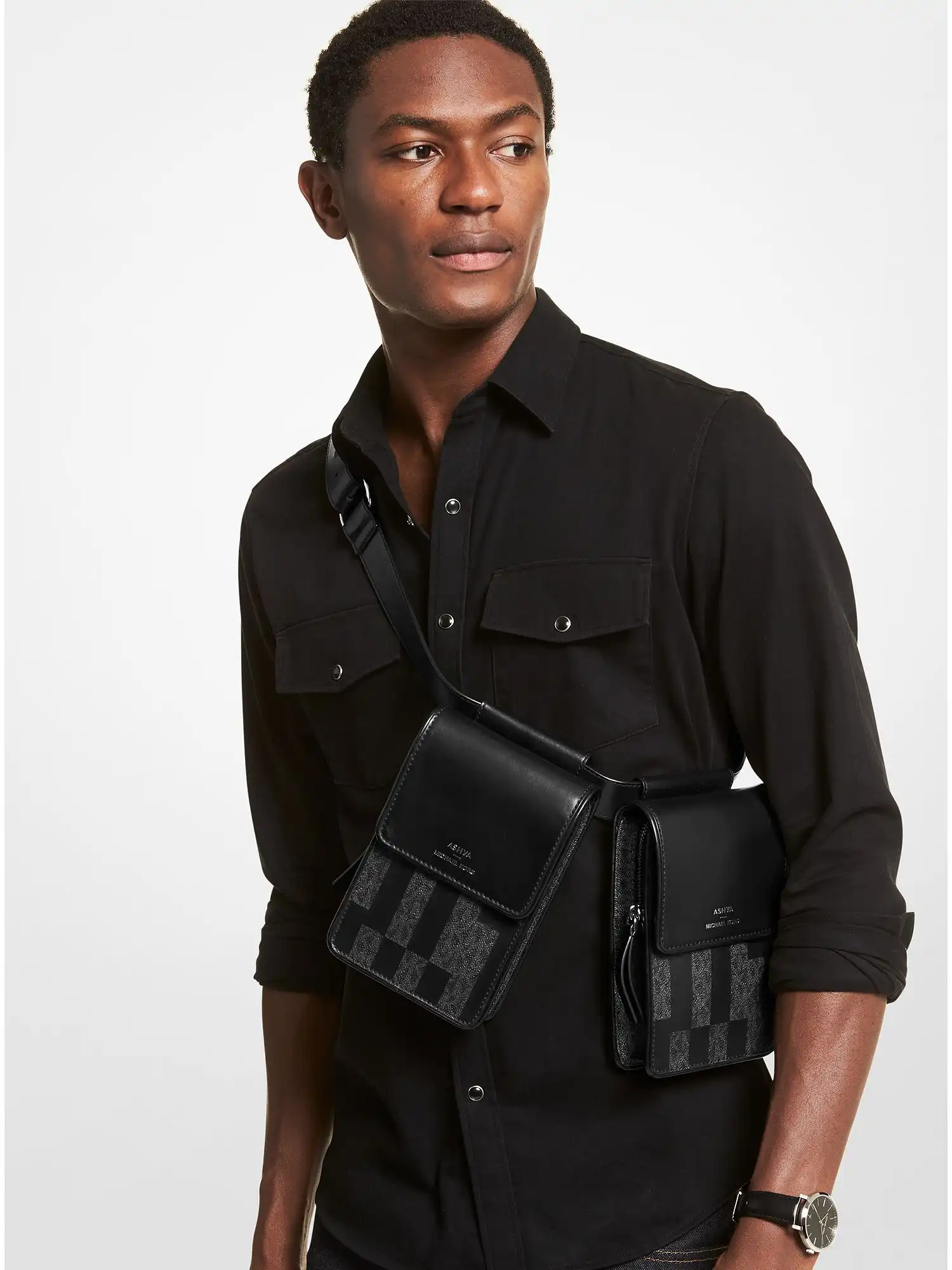 ASHYA X MICHAEL KORS Saga Signature And Leather Multi Bag Black Combo