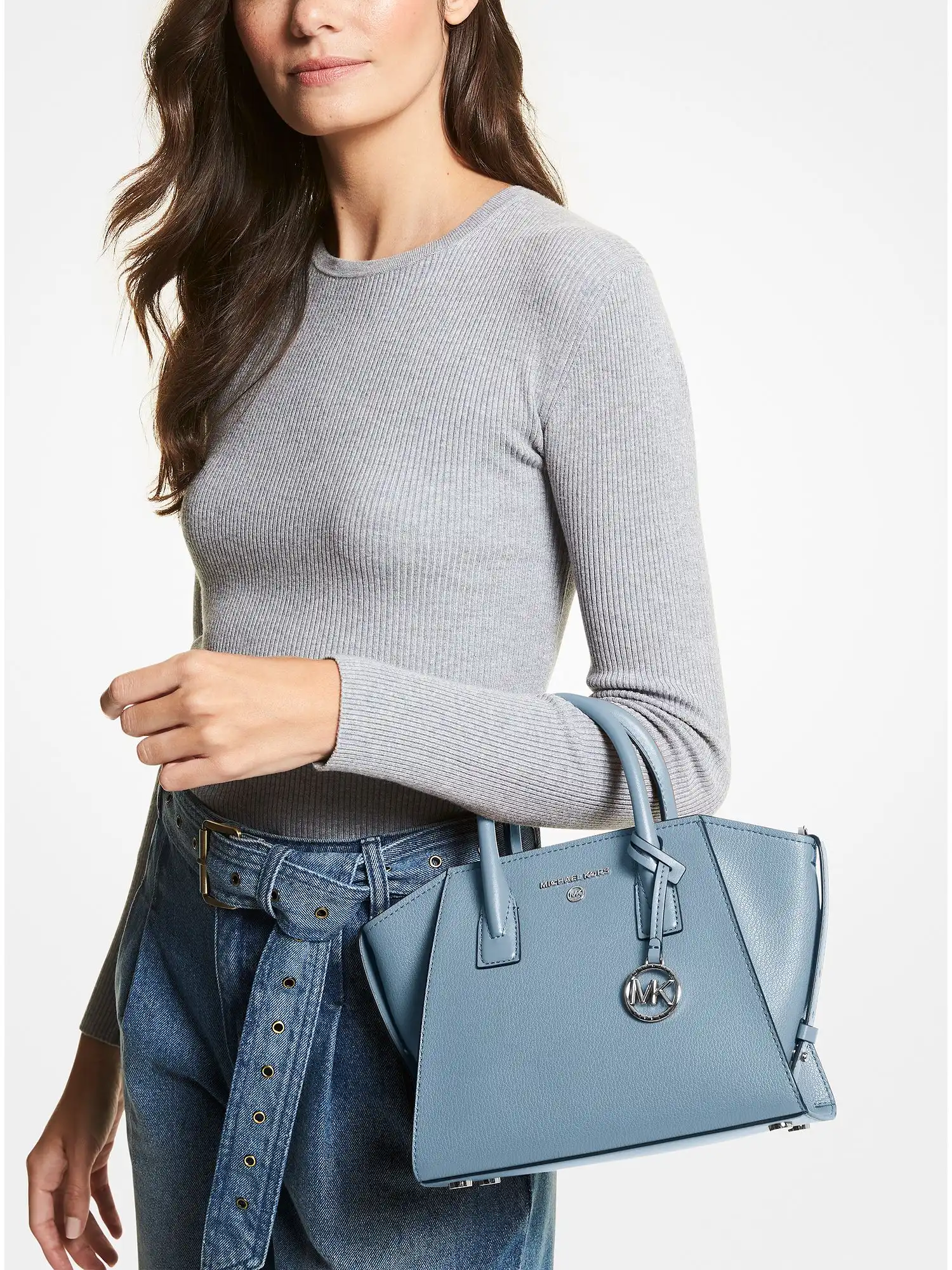 Avril Small Leather Top-Zip Satchel Chambray