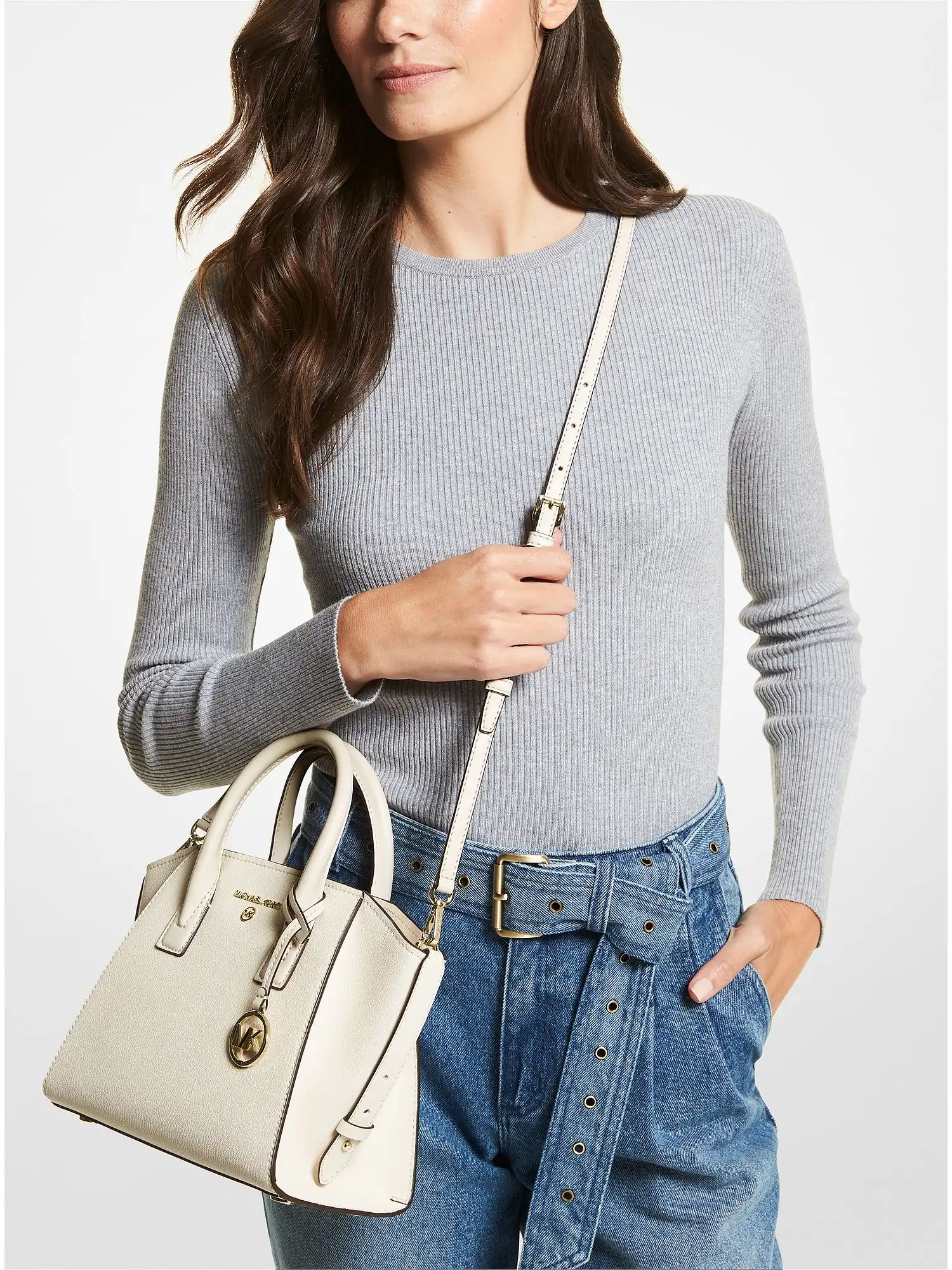 Avril Small Leather Top-Zip Satchel Lt Cream