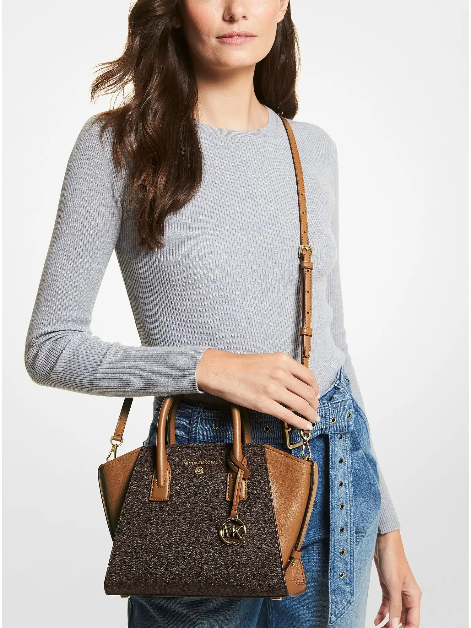 Avril Small Logo Top-Zip Satchel Brn Acorn
