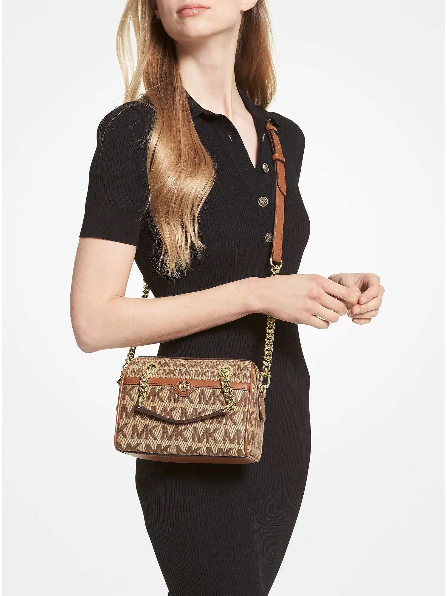 Blaire Extra-Small Logo Jacquard Duffel Crossbody Bag Beige Ebony Brown