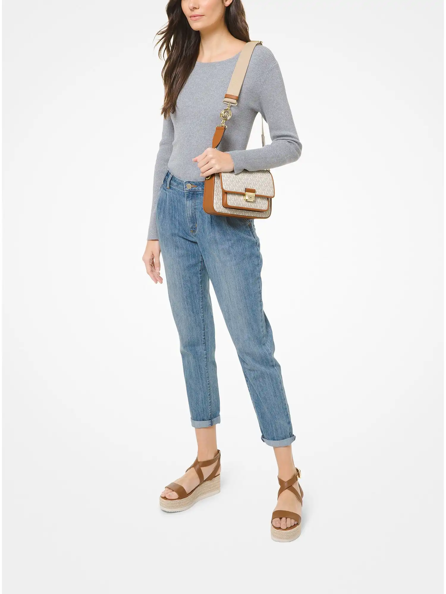 Bradshaw Medium Logo and Leather Messenger Bag Vanilla Acorn