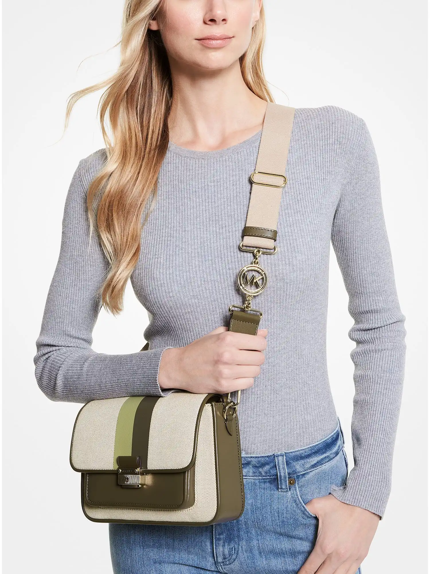 Bradshaw Medium Striped Canvas and Faux Leather Messenger Bag Olive Combo