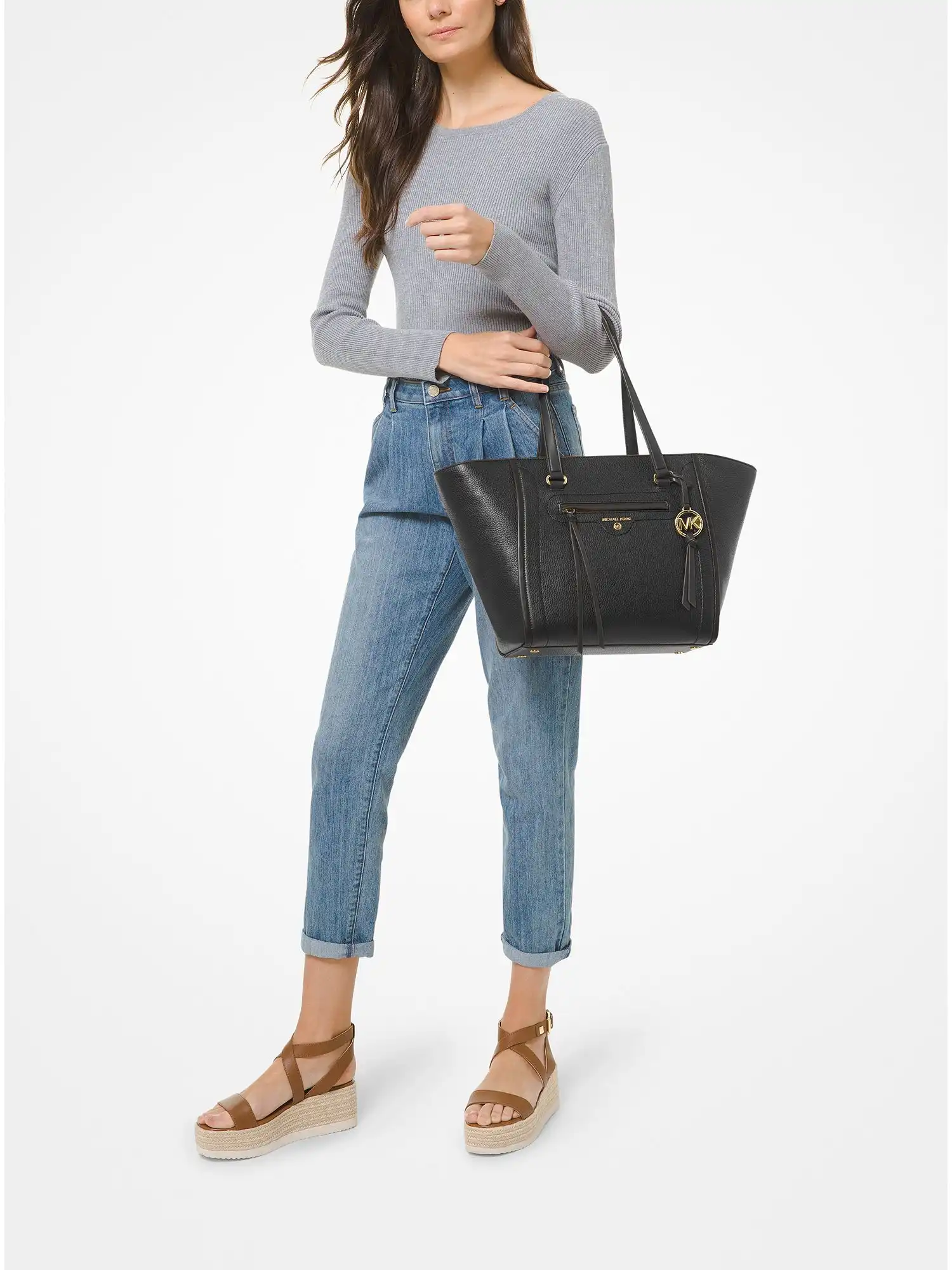 Carine Medium Pebbled Leather Tote Bag Black