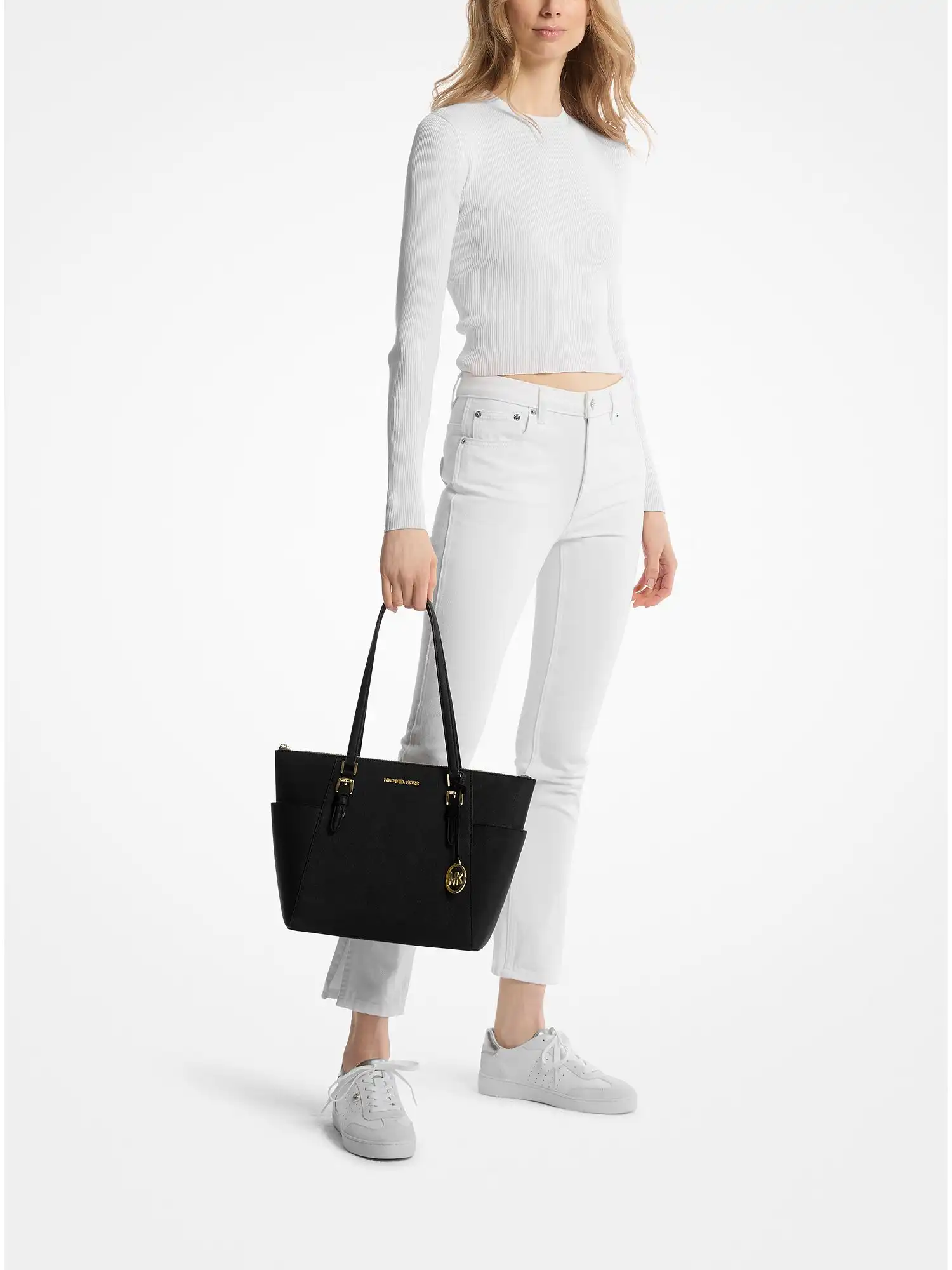 Charlotte Large Saffiano Leather Top-Zip Tote Bag Black