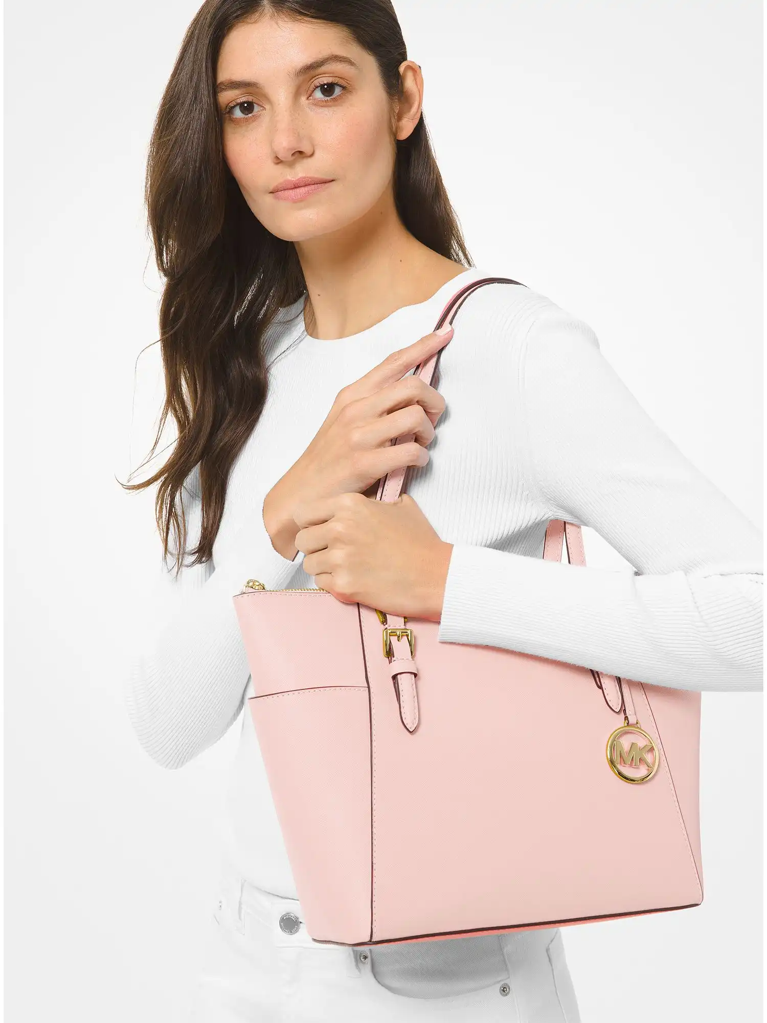 Charlotte Large Saffiano Leather Top-Zip Tote Bag Powder Blush