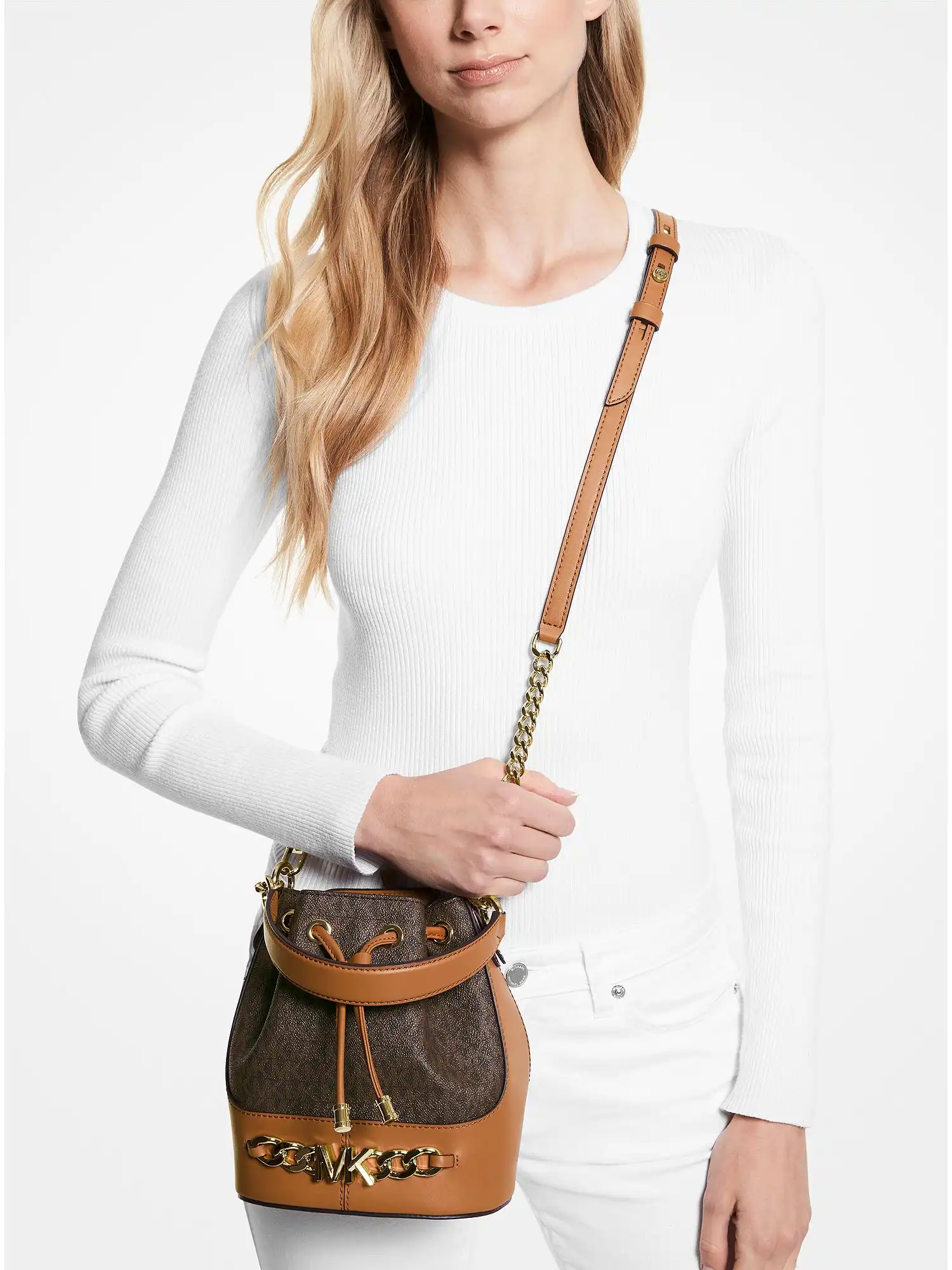 Devon Small Two-Tone Logo Bucket Bag Brn Acorn