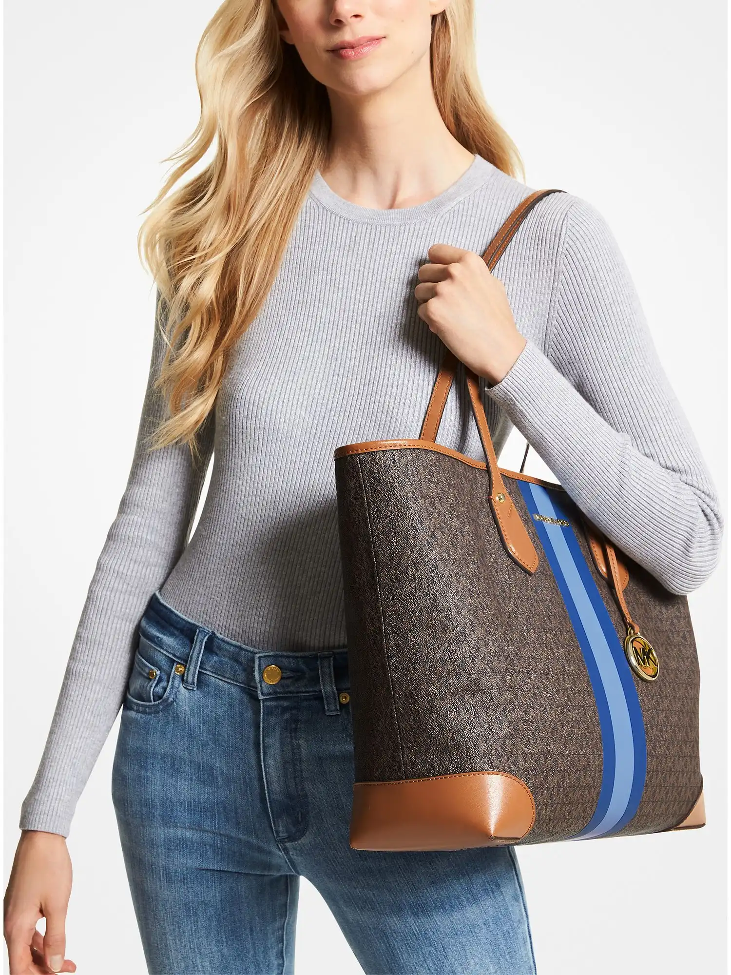 Eva Large Signature Logo Stripe Tote Bag Electric Blue