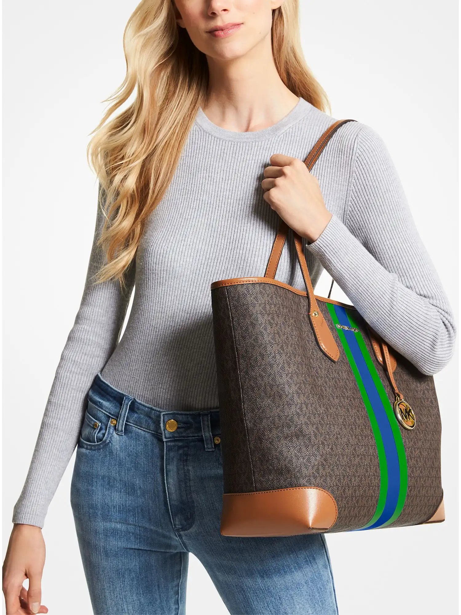 Eva Large Signature Logo Stripe Tote Bag Palm Green