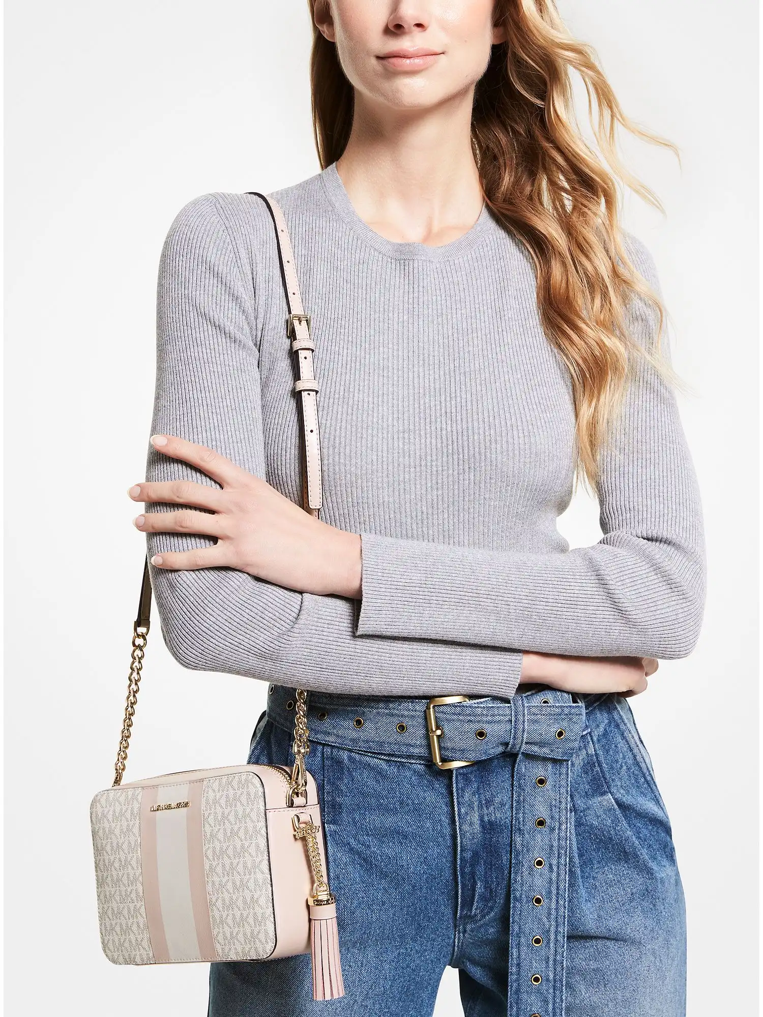 Ginny Medium Logo Stripe Crossbody Bag Vanilla Soft Pink