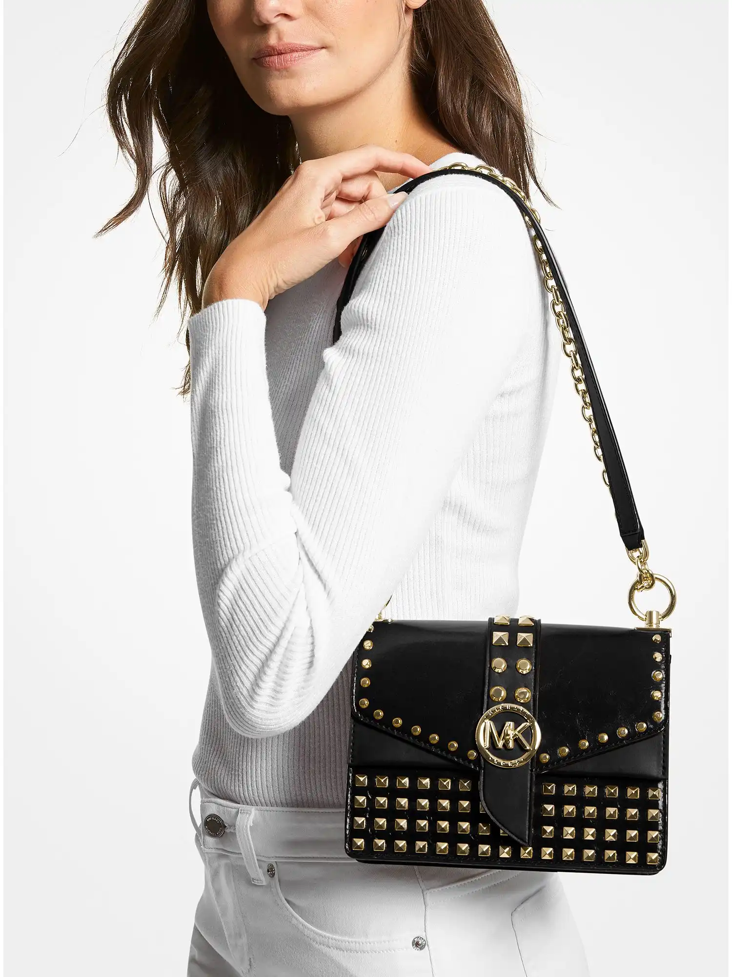 Greenwich Extra-Small Studded Patent Leather Crossbody Bag Black