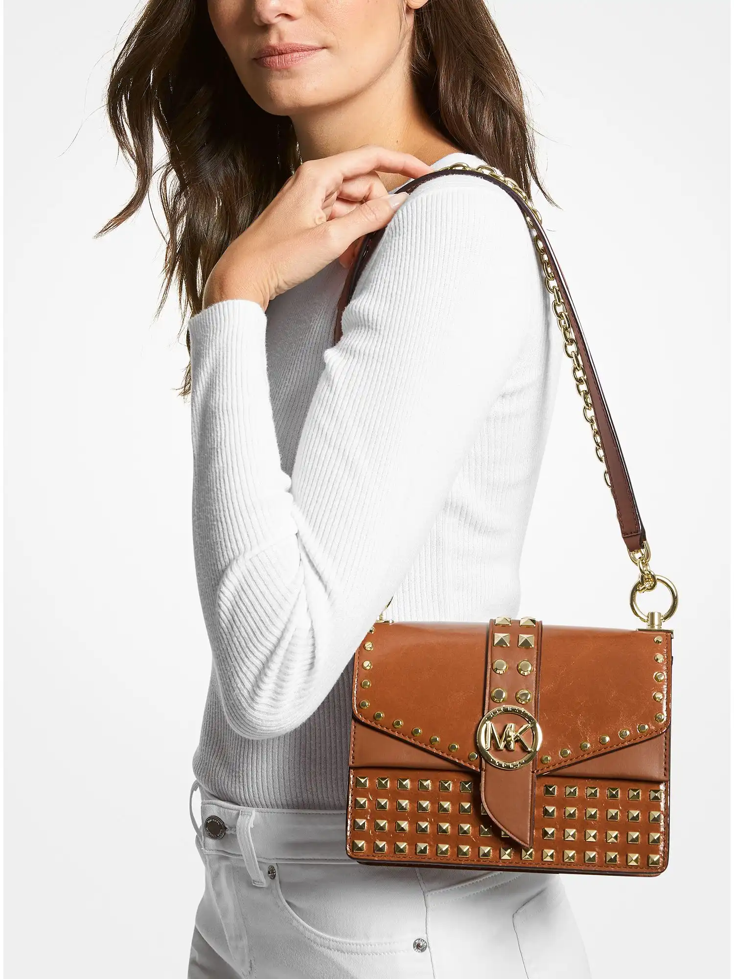 Greenwich Extra-Small Studded Patent Leather Crossbody Bag Luggage