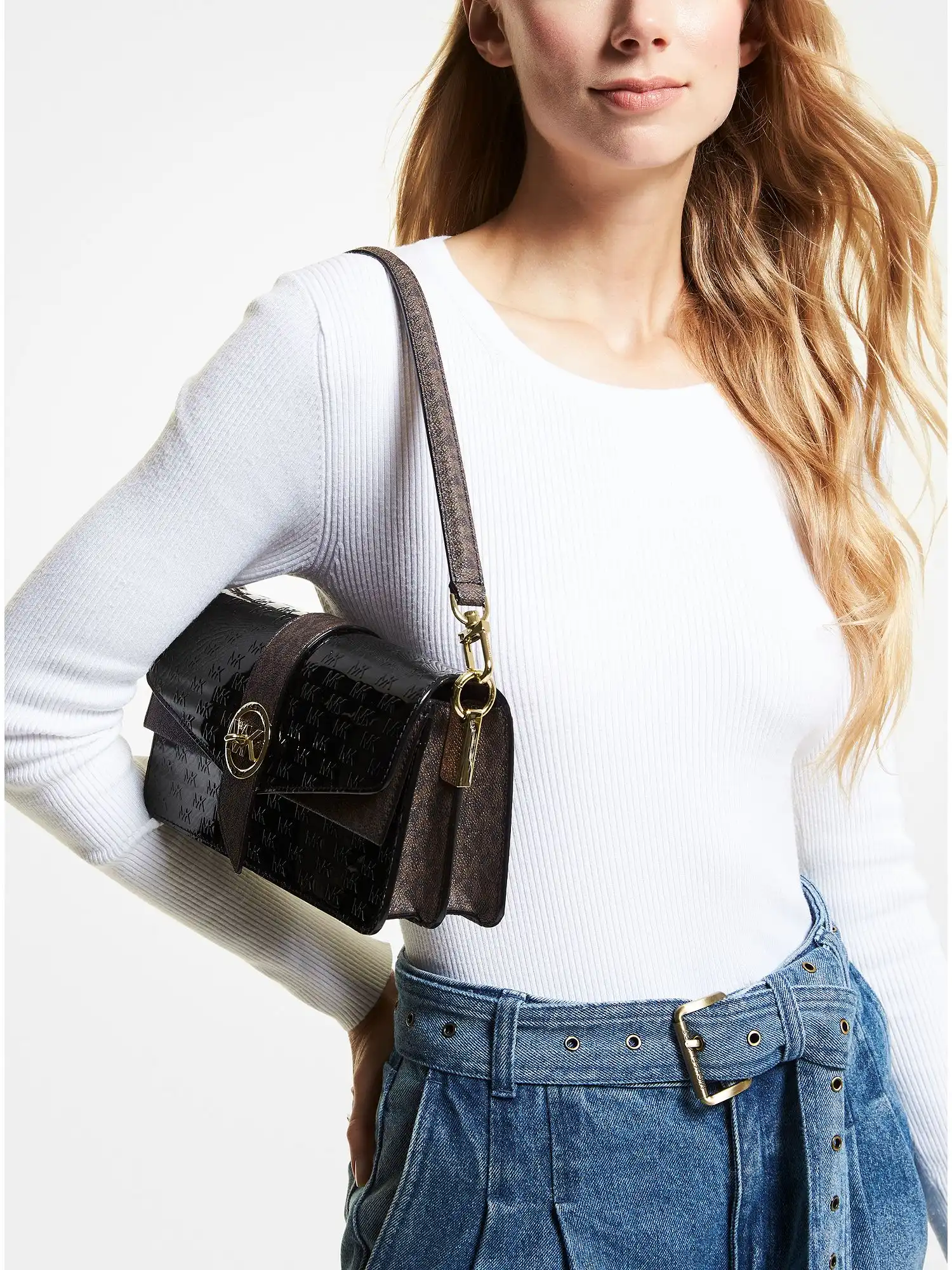 Greenwich Medium Logo Embossed Patent Leather Shoulder Bag Black