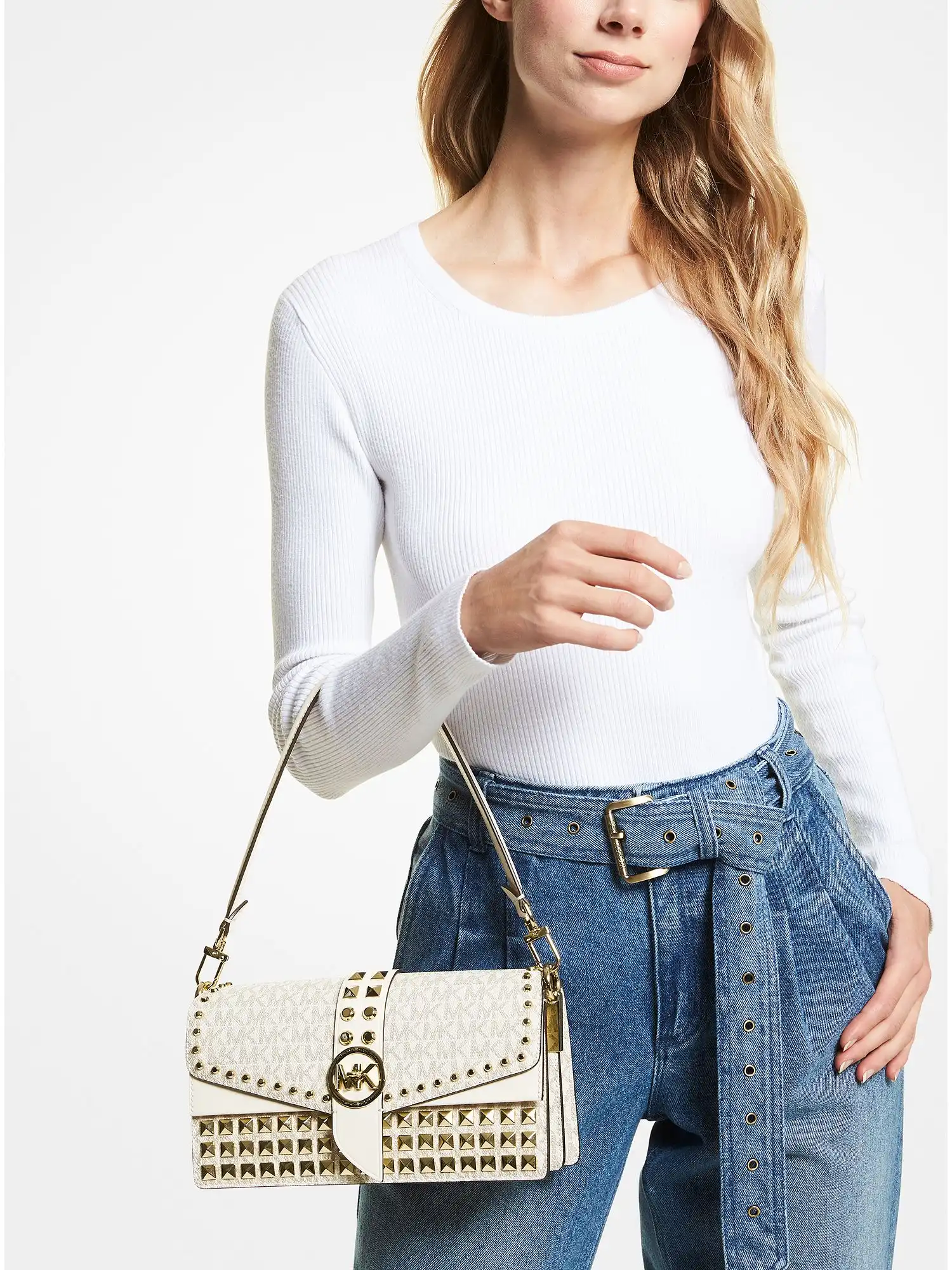 Greenwich Medium Studded Logo Shoulder Bag Van Cream
