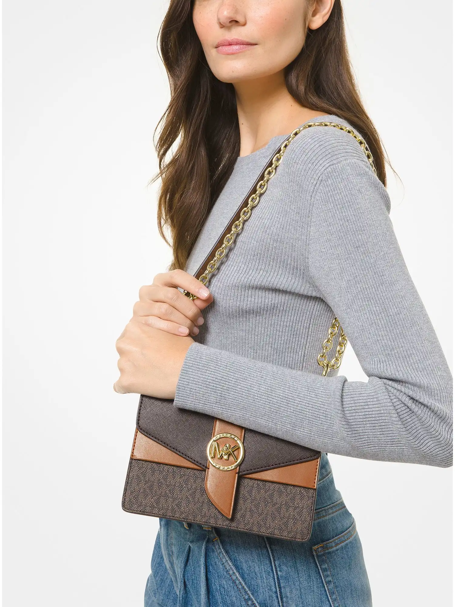 Greenwich Small Color-Block Logo and Saffiano Leather Crossbody Bag Brn Acorn