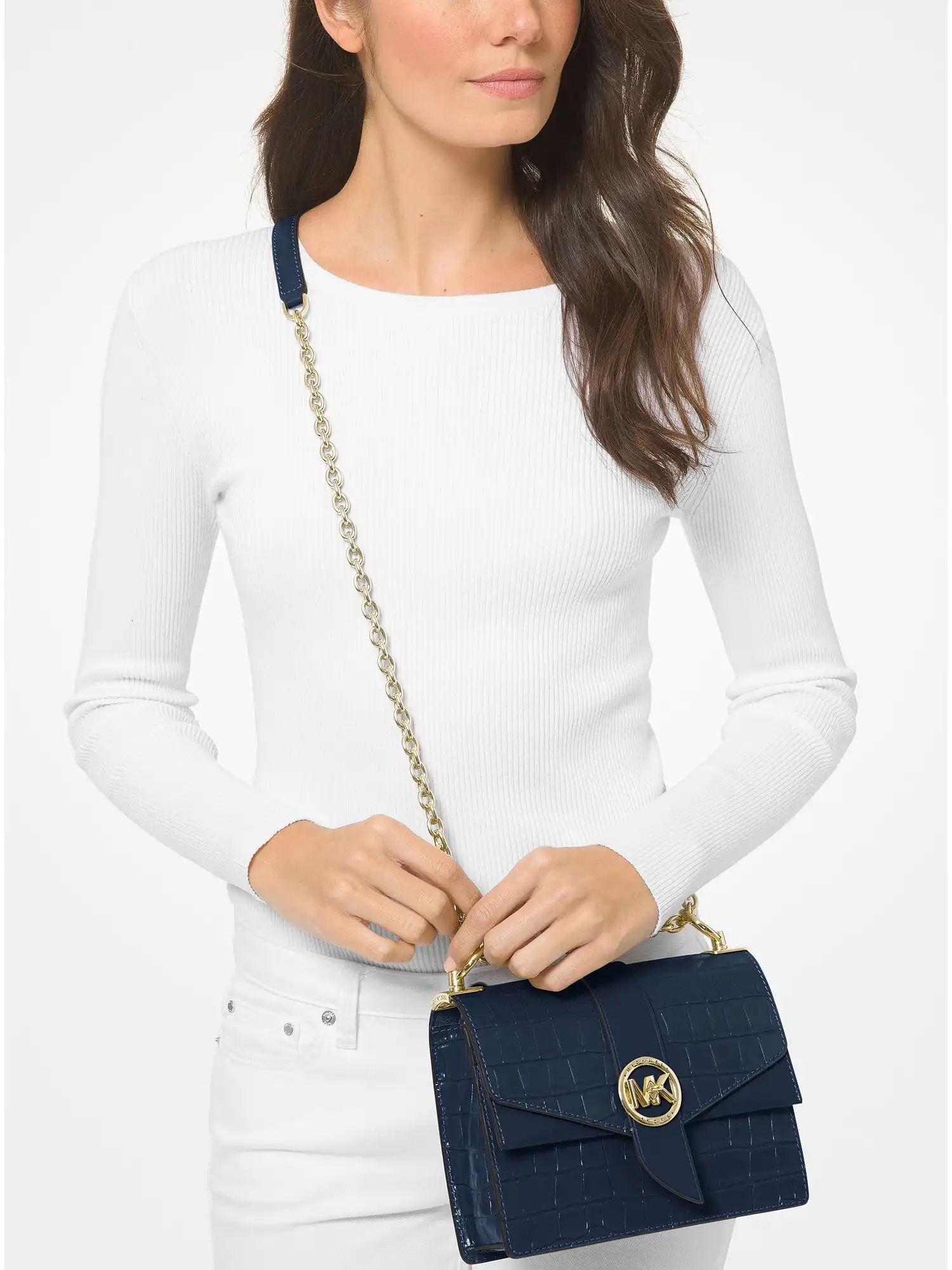 Greenwich Small Crocodile Embossed Leather Crossbody Bag Navy