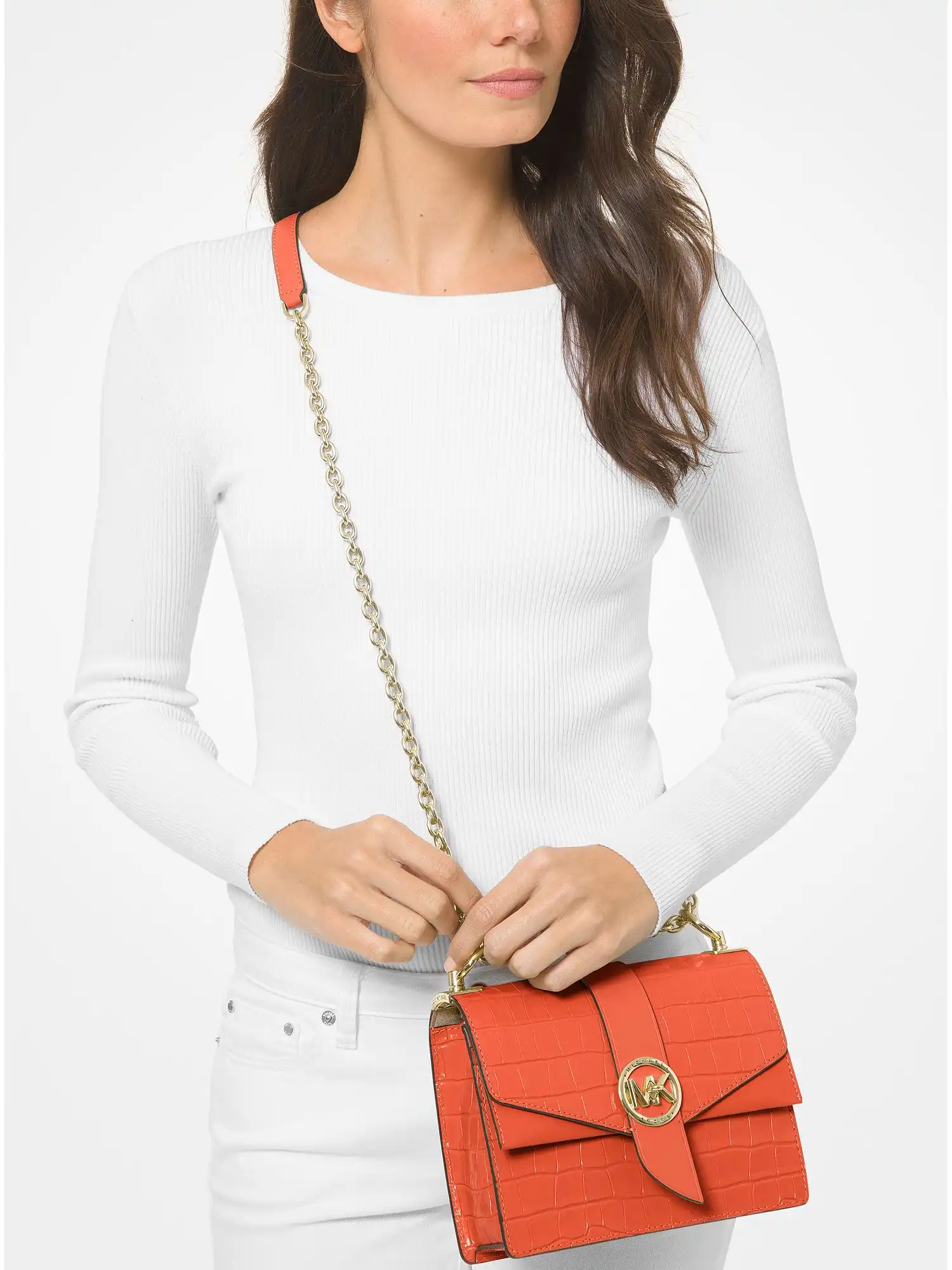 Greenwich Small Crocodile Embossed Leather Crossbody Bag Orange Spice