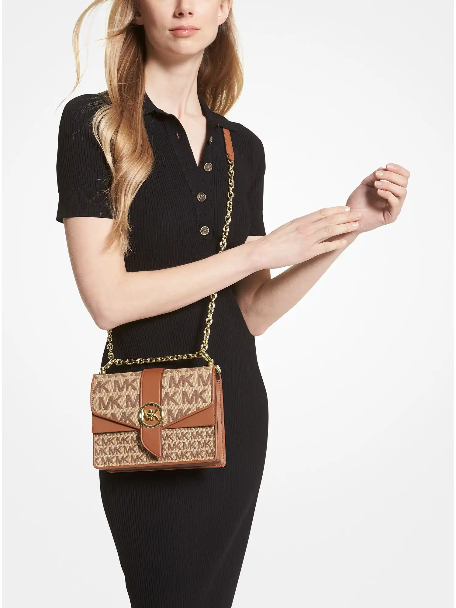 Greenwich Small Logo Jacquard and Leather Crossbody Bag Beige Ebony Brown