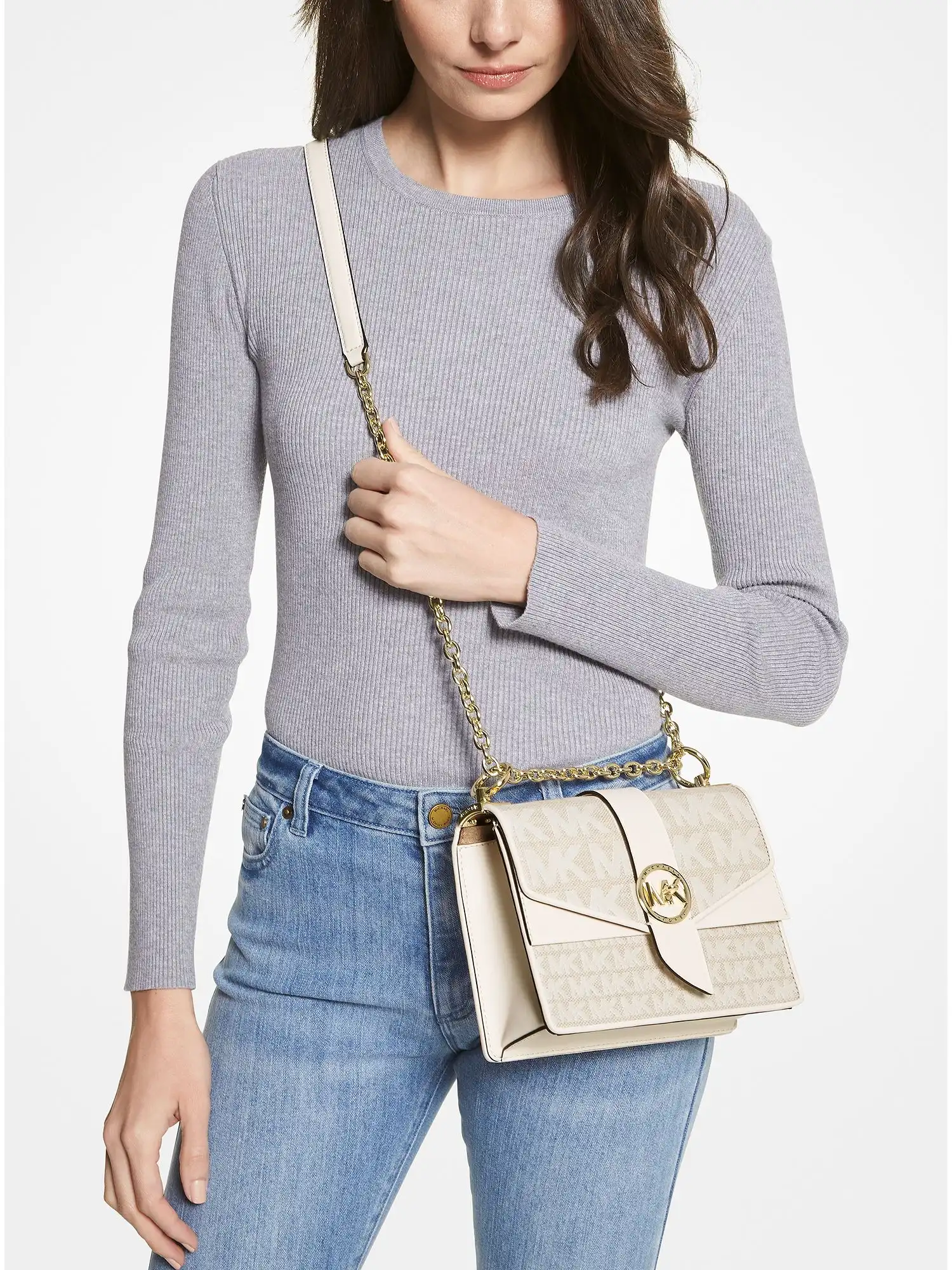 Greenwich Small Logo Jacquard and Leather Crossbody Bag Natural