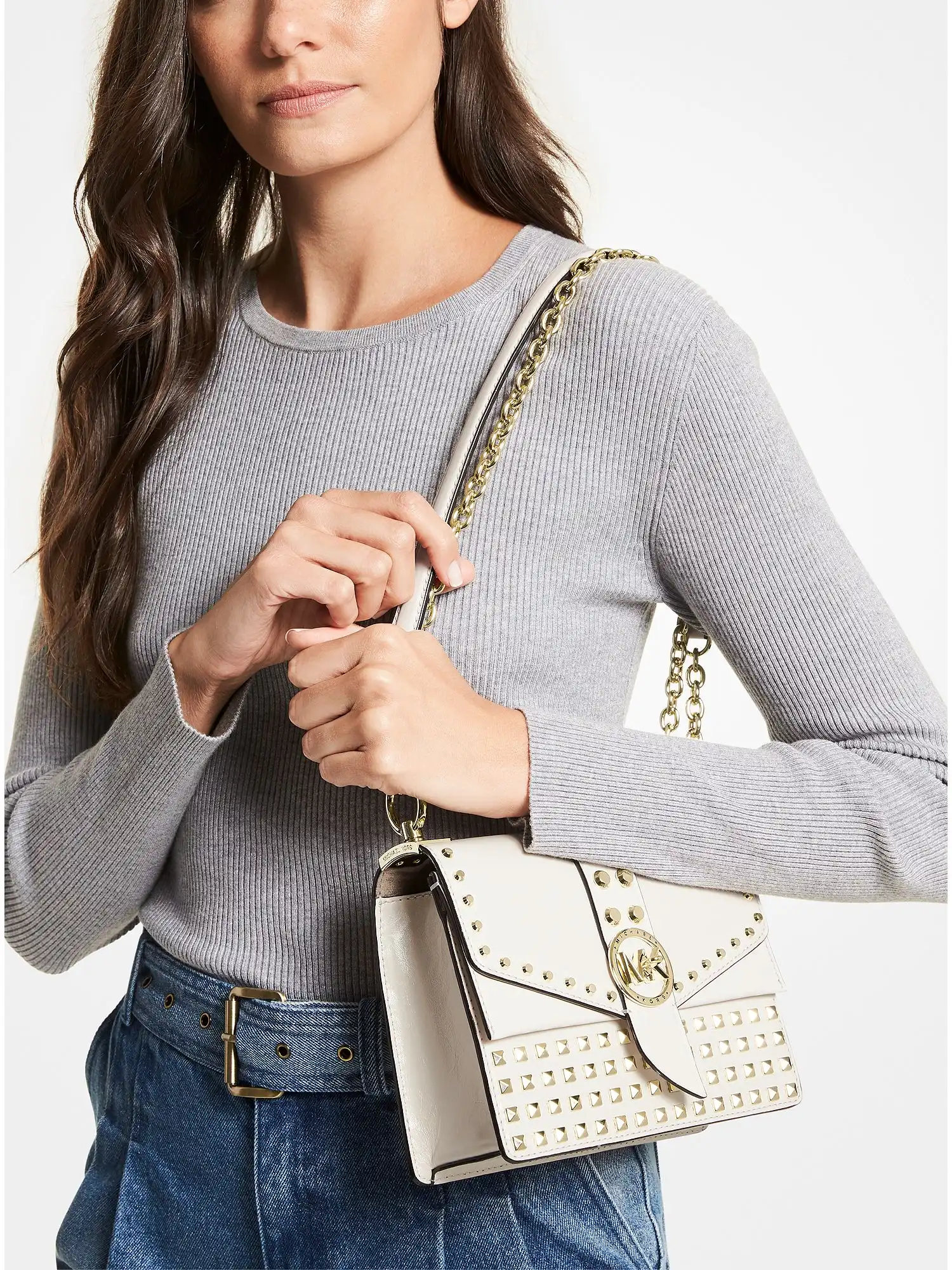 Greenwich Small Studded Patent Leather Crossbody Bag Lt Cream