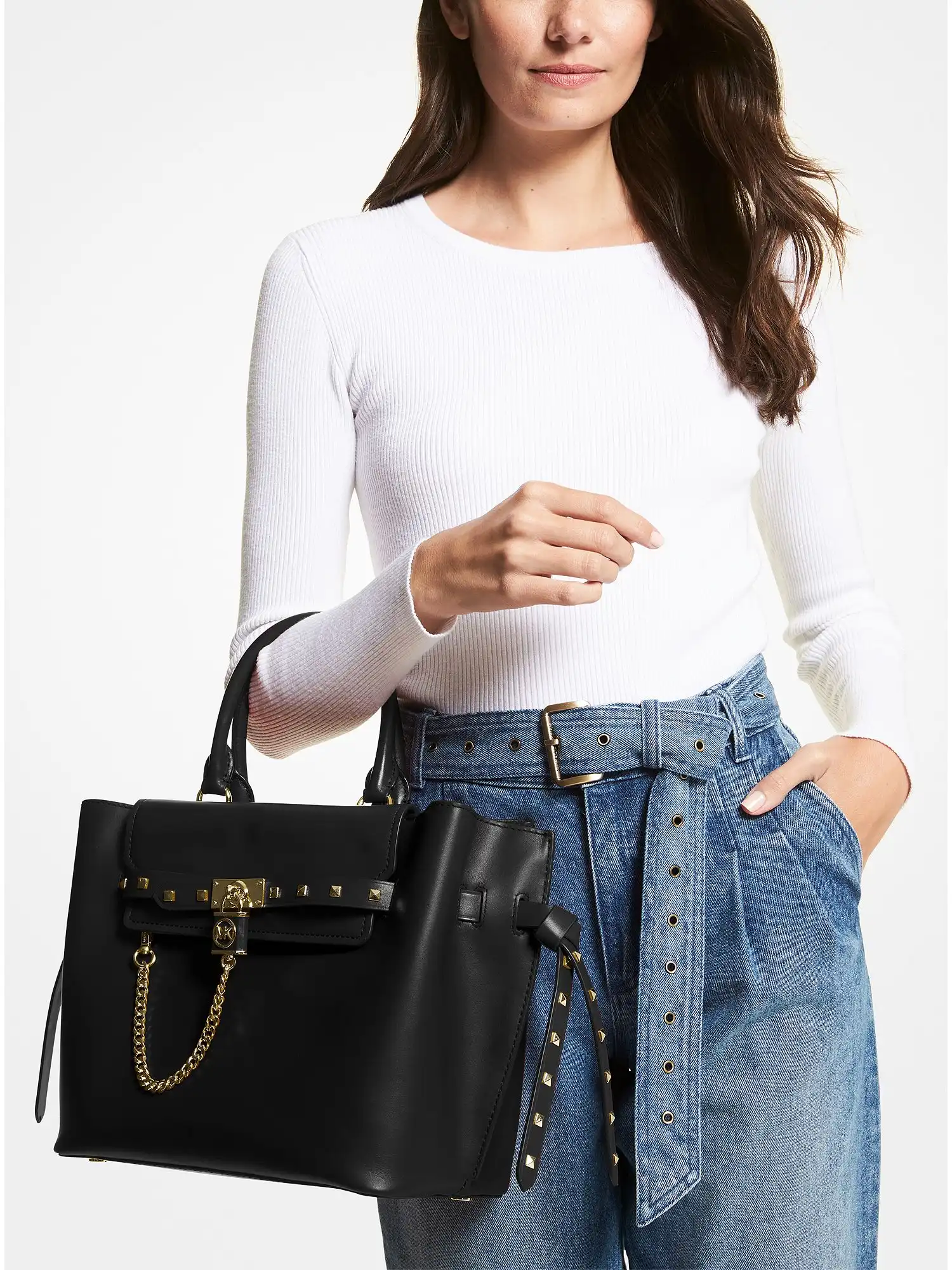 Hamilton Large Studded Leather Belted Satchel Black