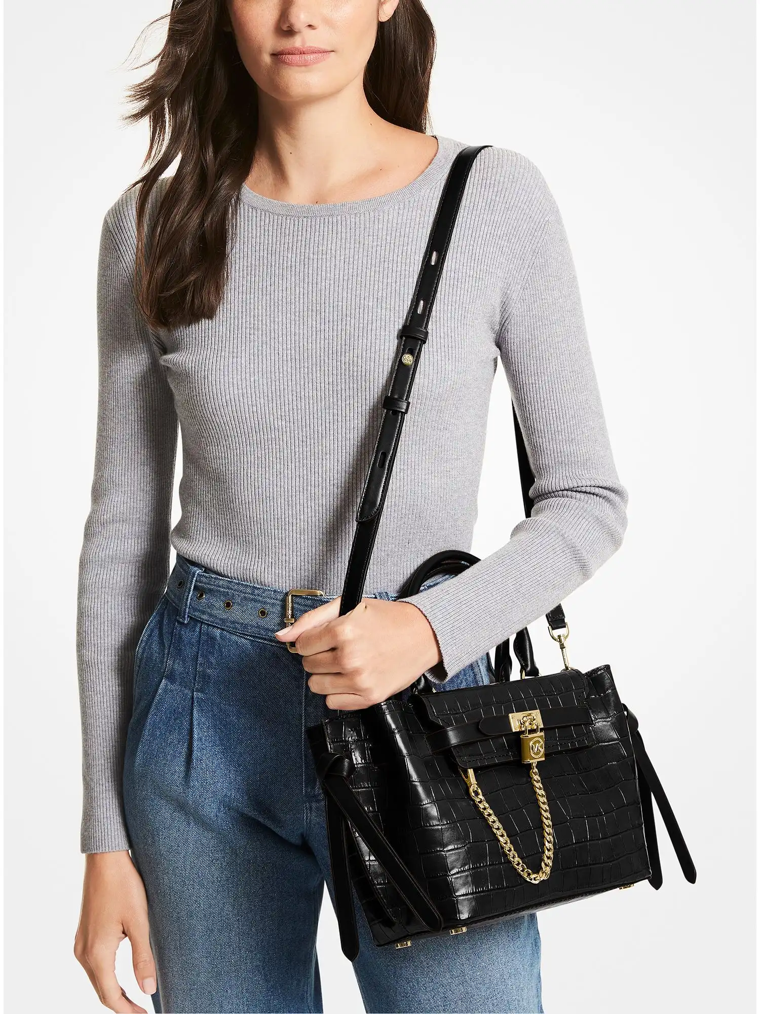 Hamilton Legacy Small Crocodile Embossed Leather Belted Satchel Black