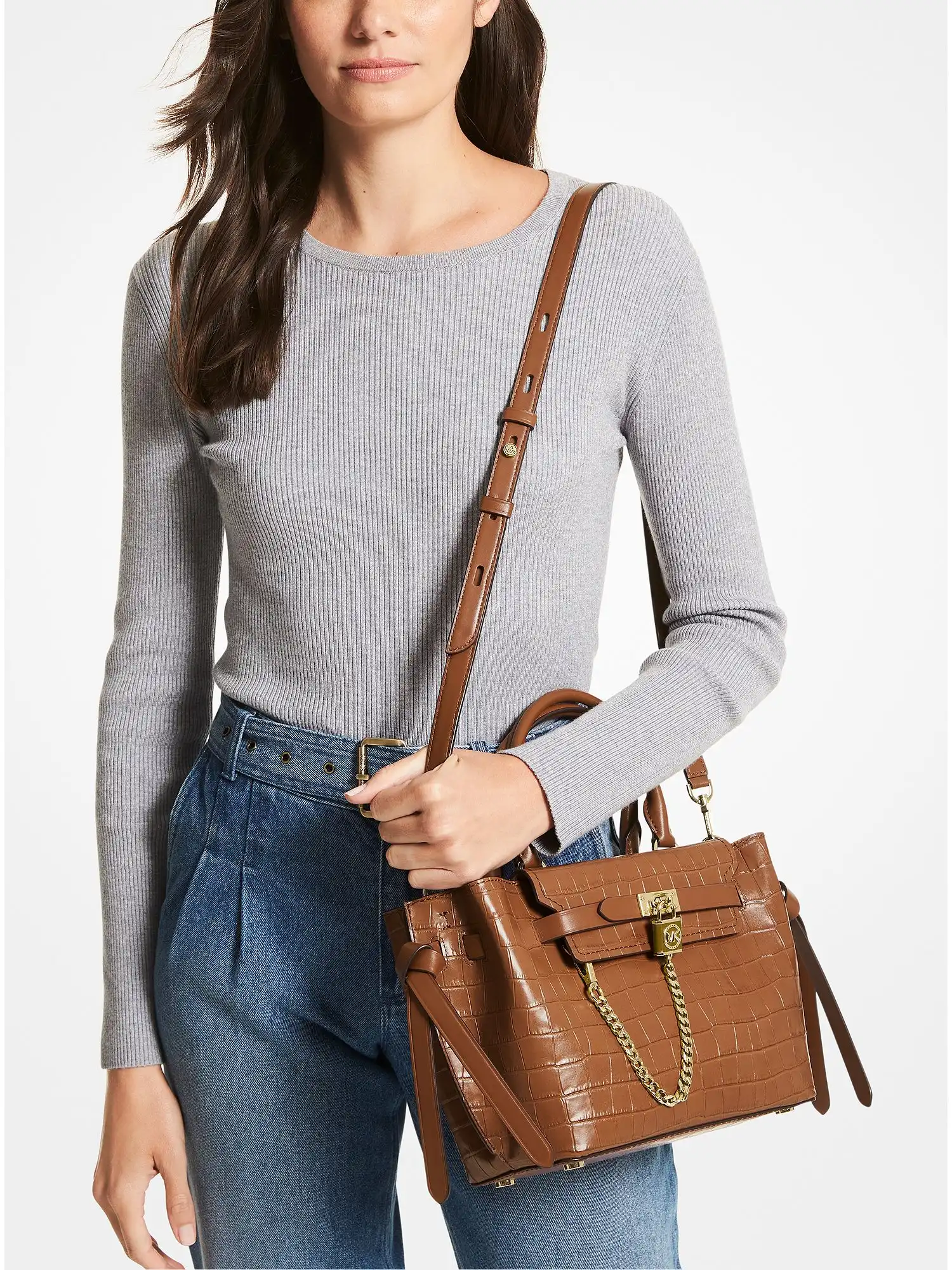 Hamilton Legacy Small Crocodile Embossed Leather Belted Satchel Chestnut