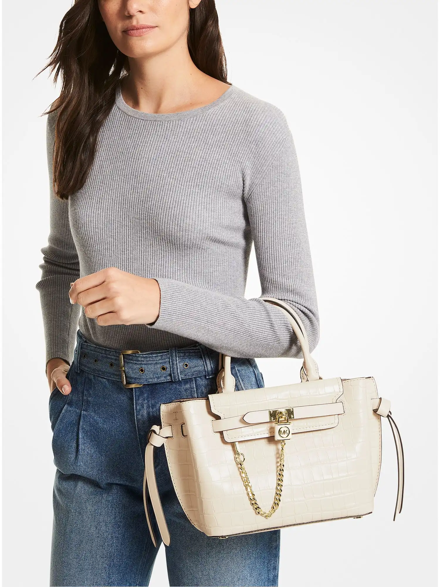 Hamilton Legacy Small Crocodile Embossed Leather Belted Satchel Lt Cream