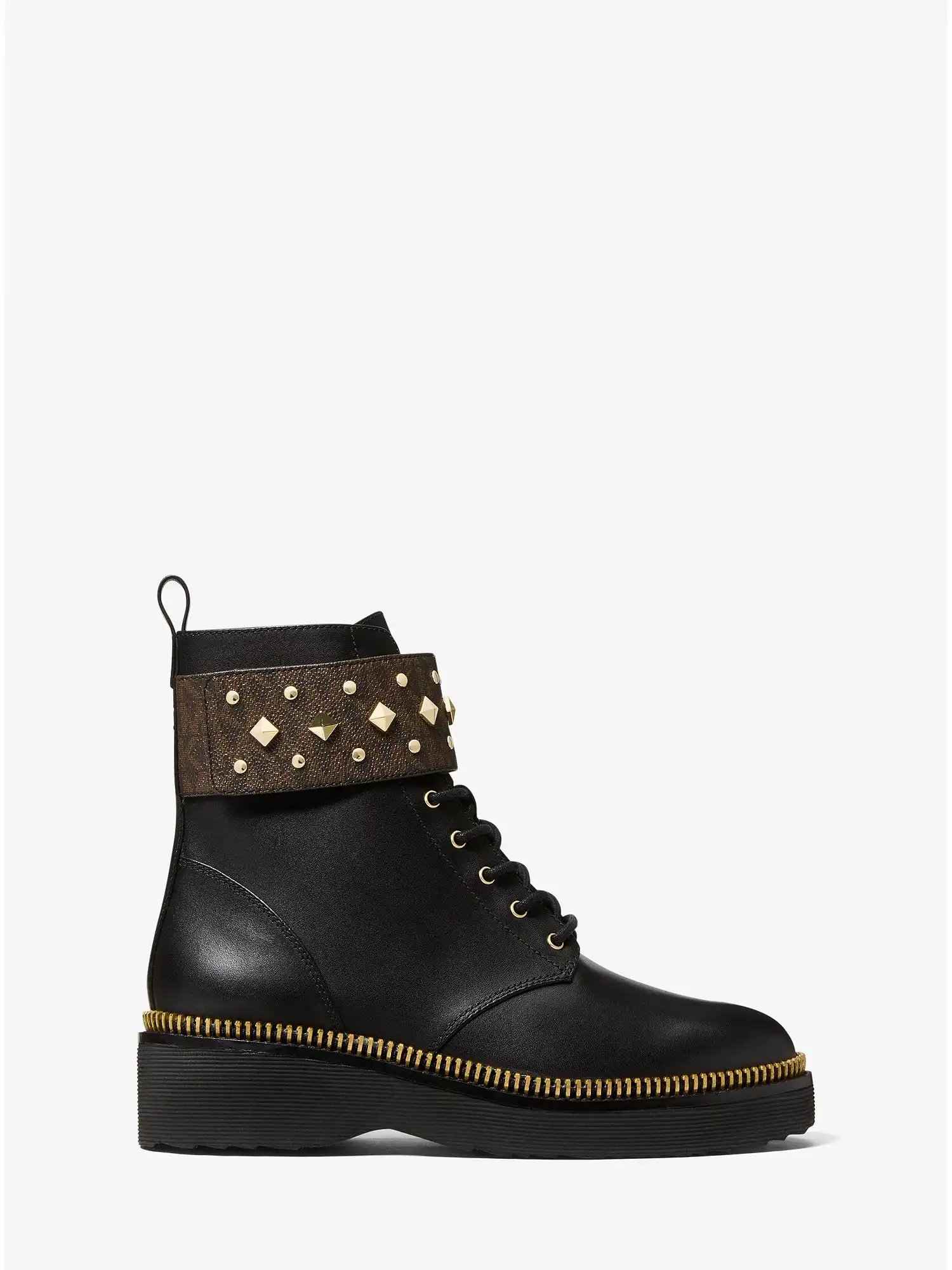 Haskell Studded Logo and Leather Combat Boot Brown Blk