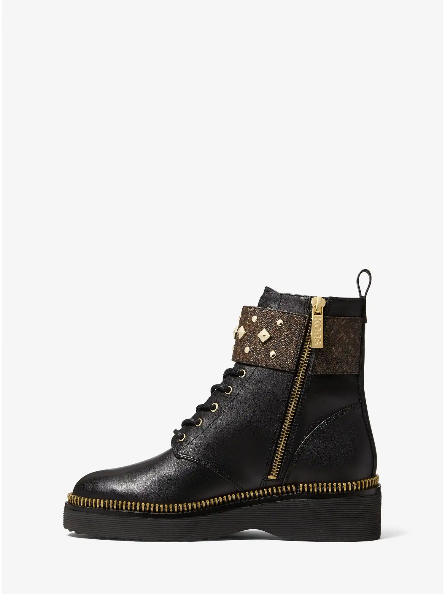 Haskell Studded Logo and Leather Combat Boot Brown Blk