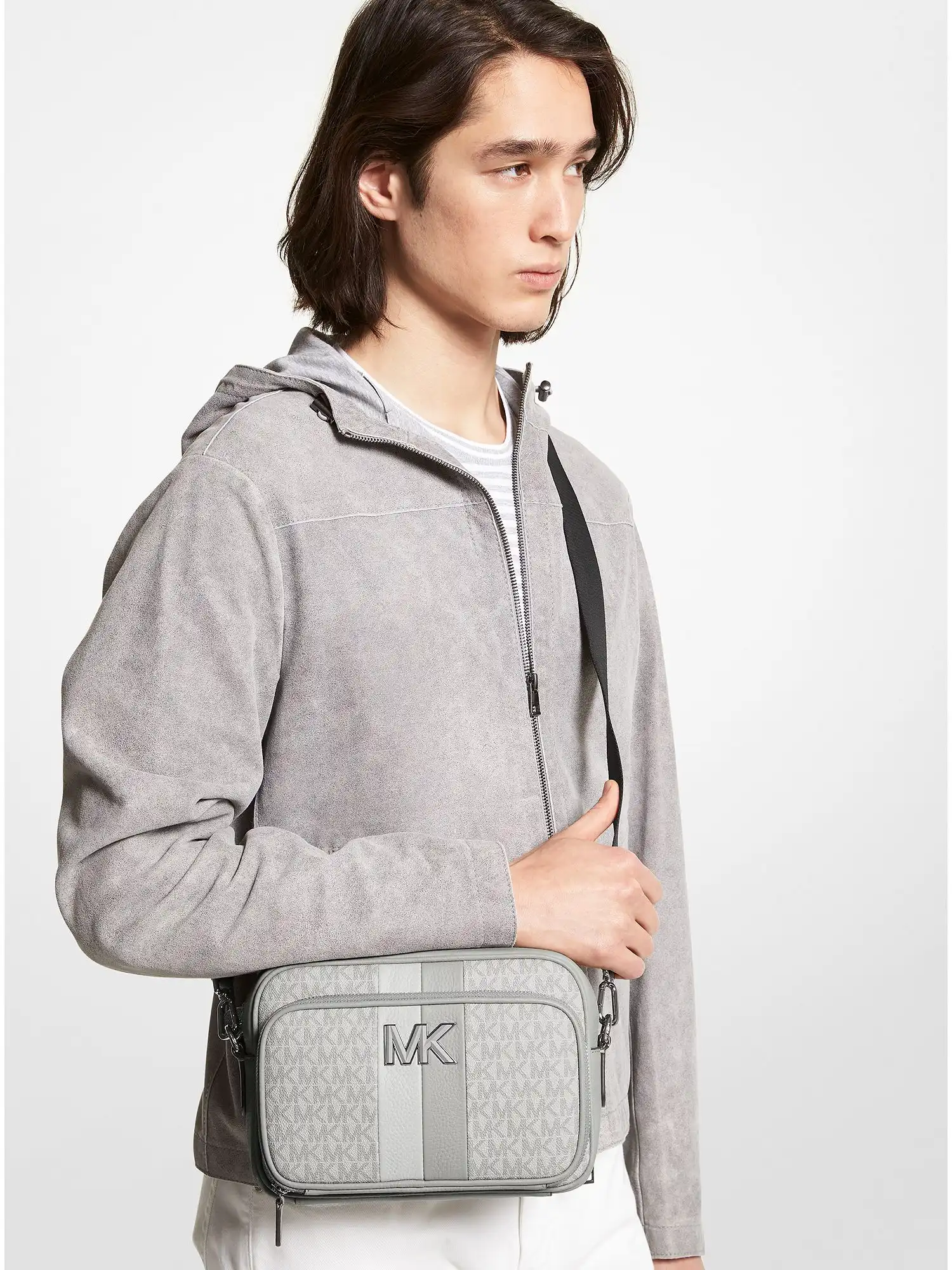 Hudson Logo Stripe and Leather Crossbody Bag Aluminum