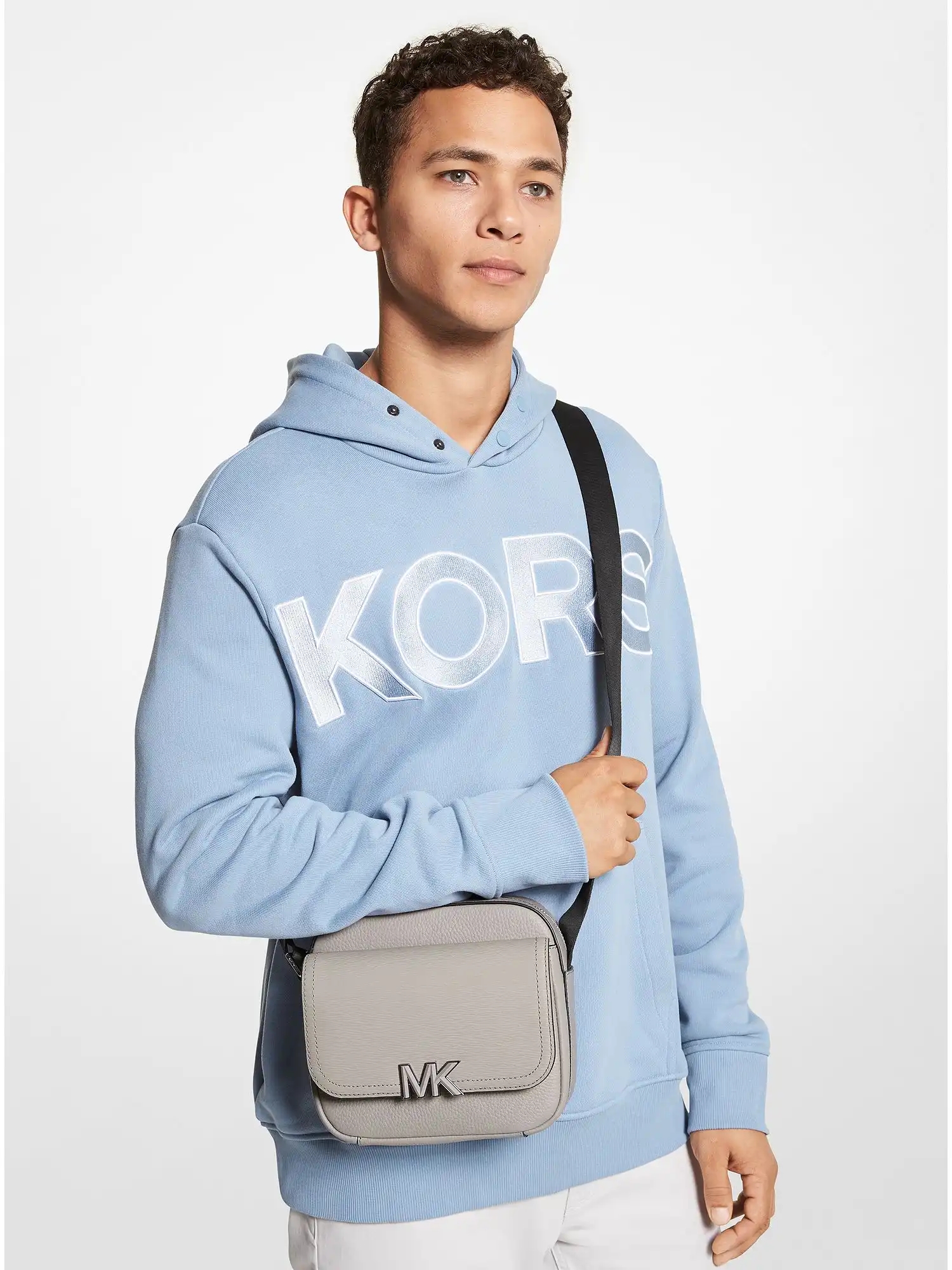 Hudson Textured Leather Messenger Bag Pearl Grey