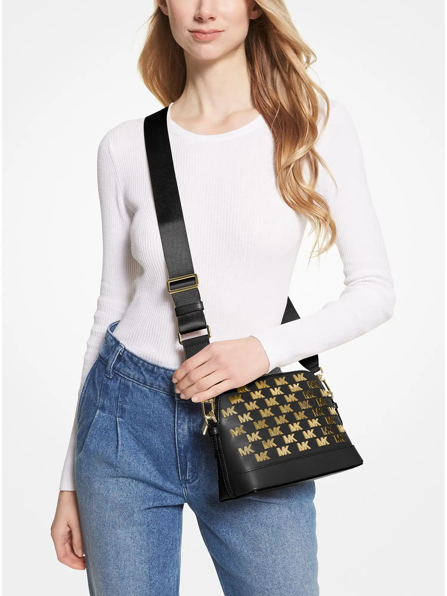 Jet Set Large Embellished Faux Leather Dome Crossbody Bag Black