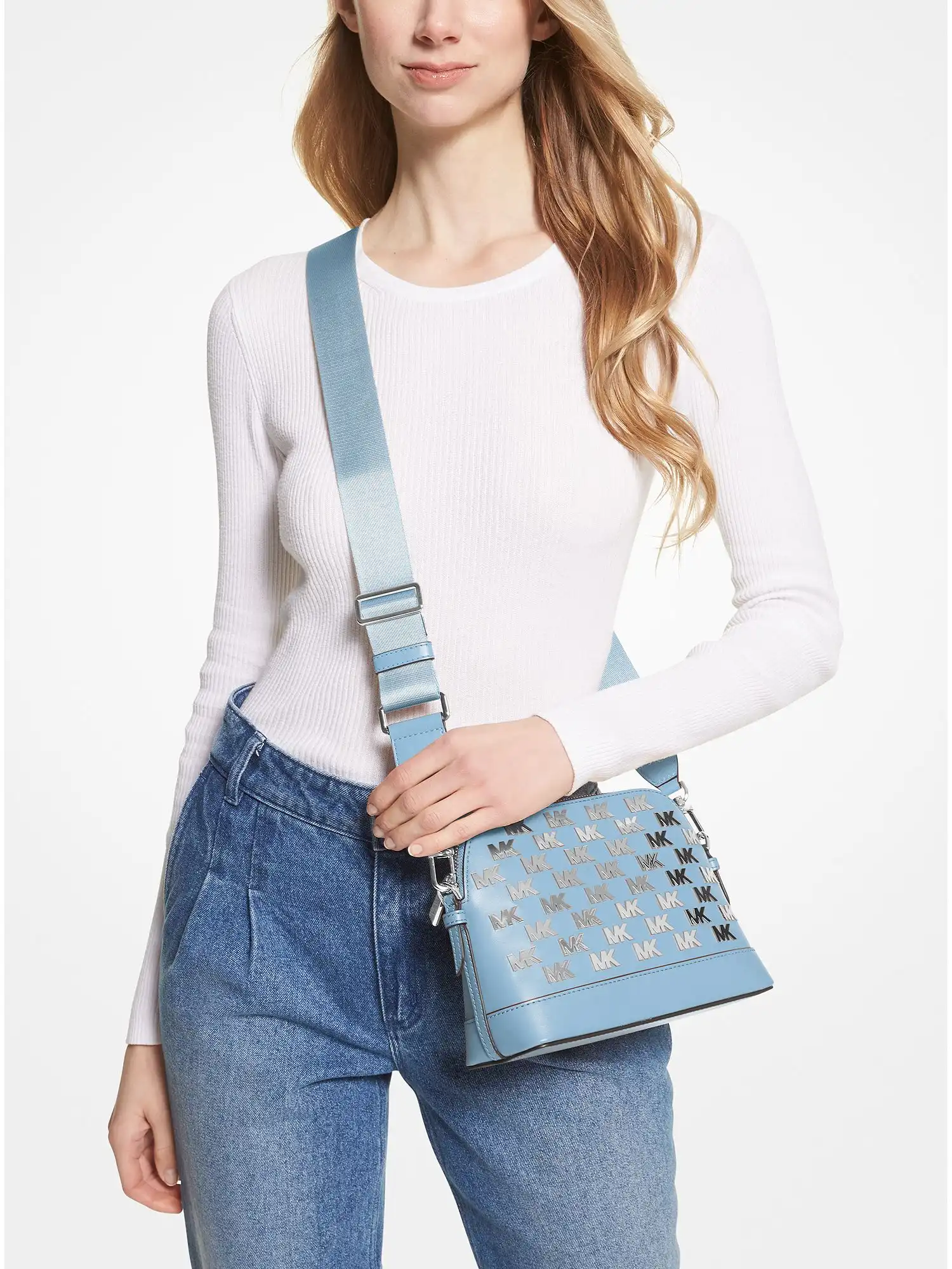 Jet Set Large Embellished Faux Leather Dome Crossbody Bag Chambray