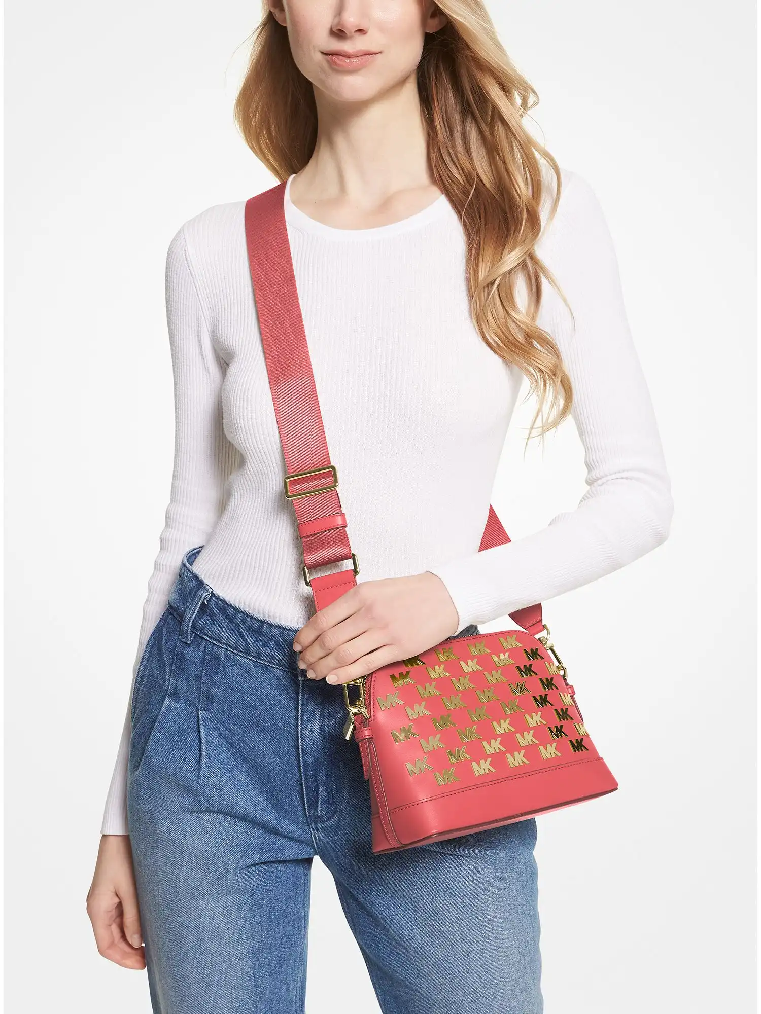 Jet Set Large Embellished Faux Leather Dome Crossbody Bag Dahlia