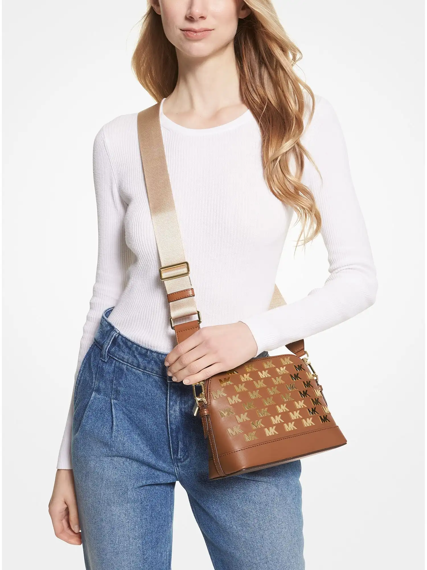 Jet Set Large Embellished Faux Leather Dome Crossbody Bag Luggage