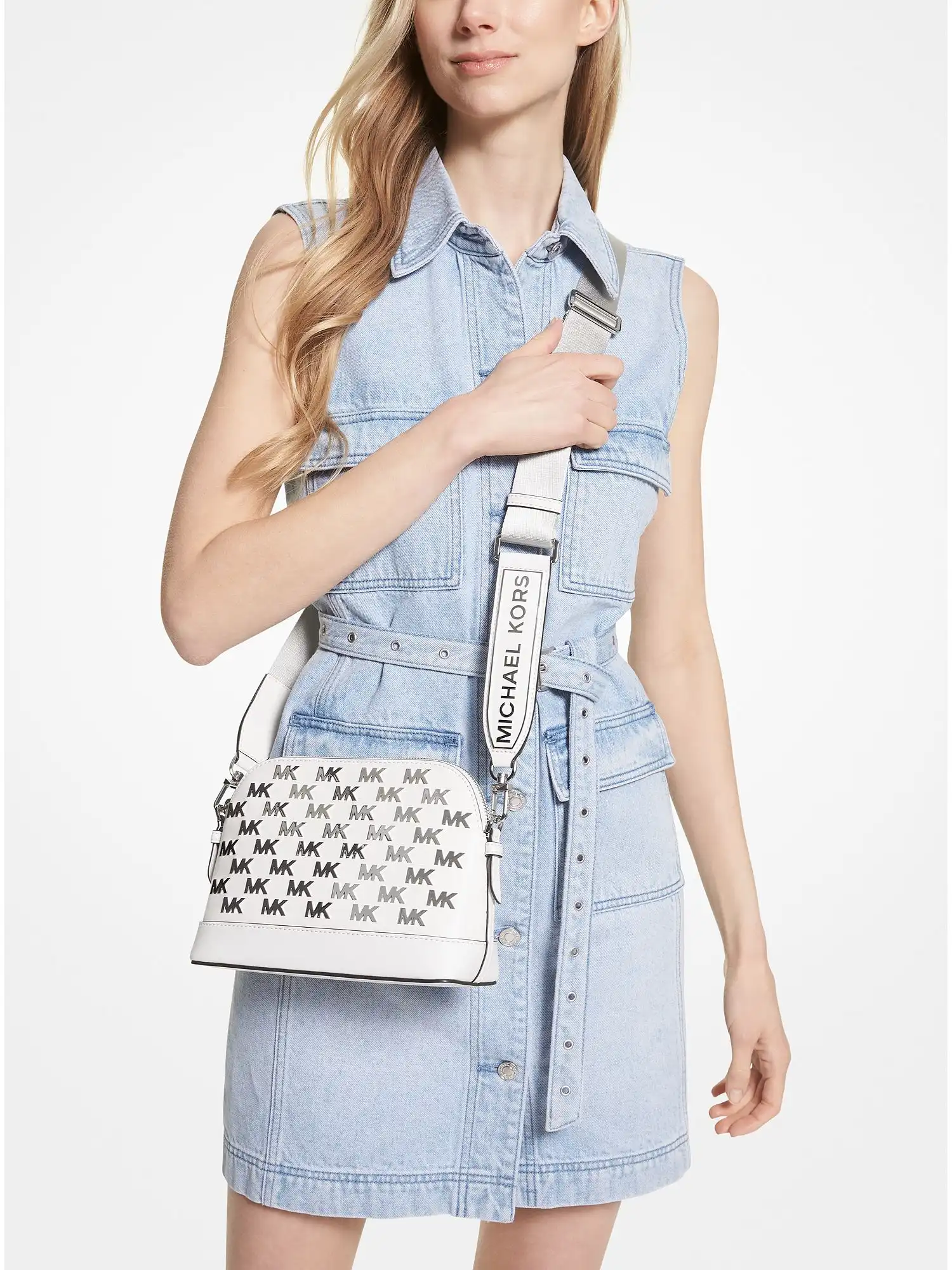 Jet Set Large Embellished Faux Leather Dome Crossbody Bag Optic White