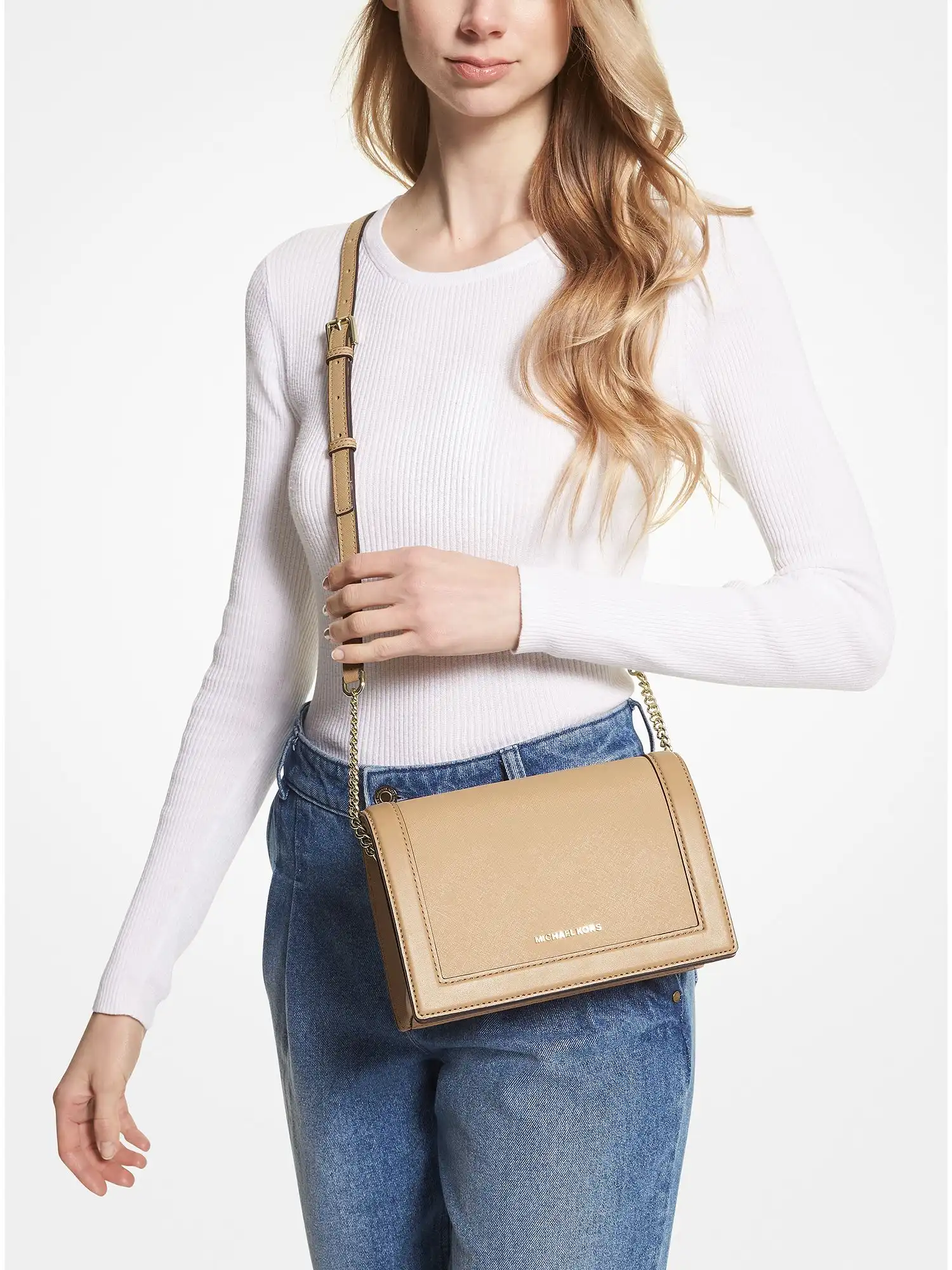 Jet Set Large Leather Crossbody Bag Camel