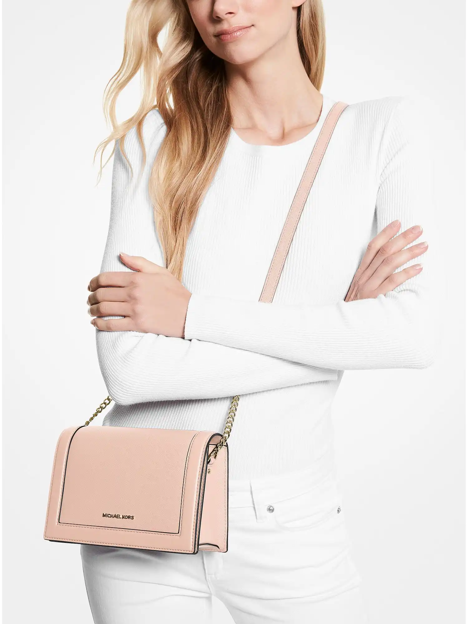 Jet Set Large Saffiano Leather Crossbody Bag Soft Pink