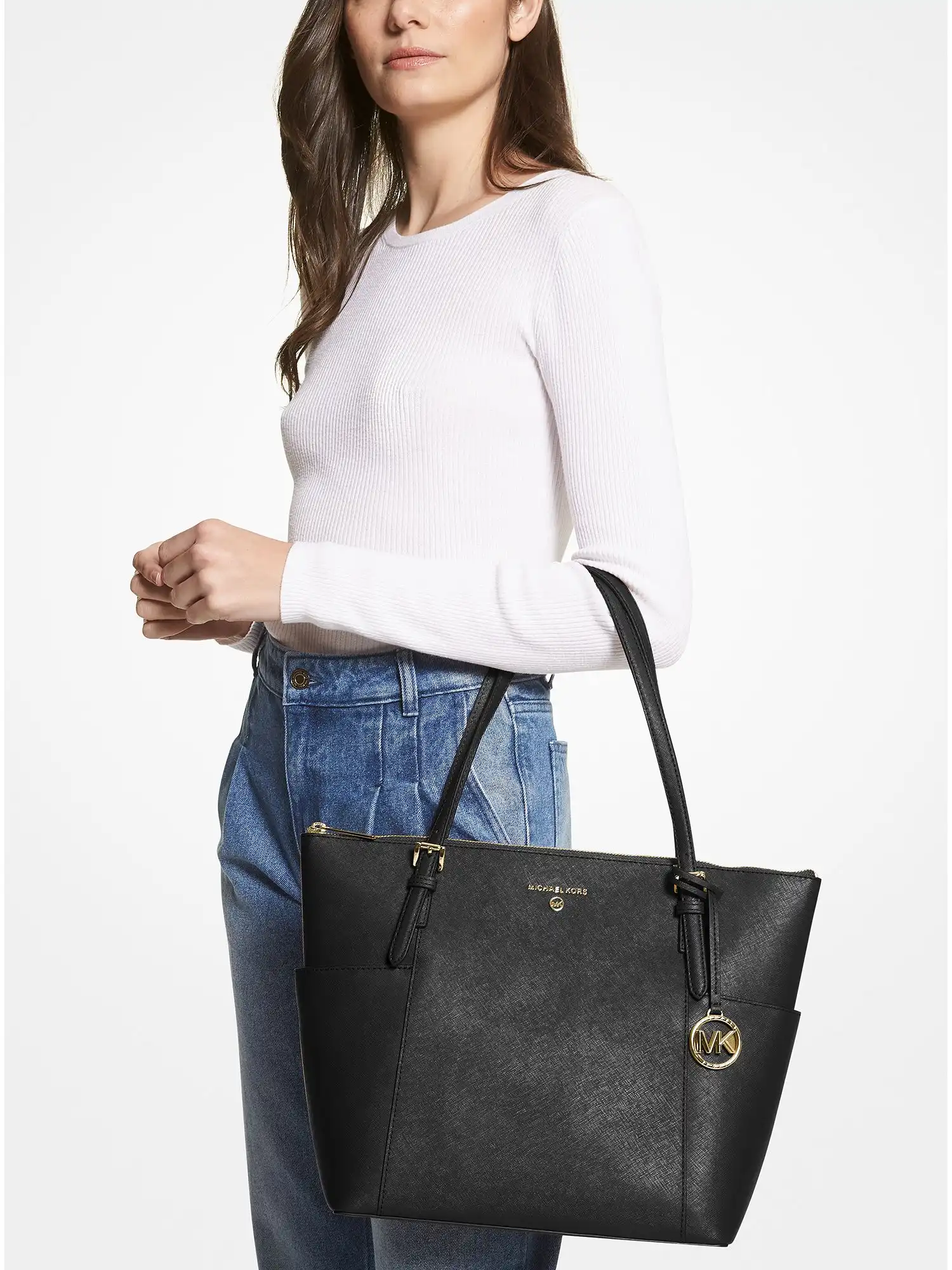 Jet Set Large Saffiano Leather Top-Zip Tote Bag Black