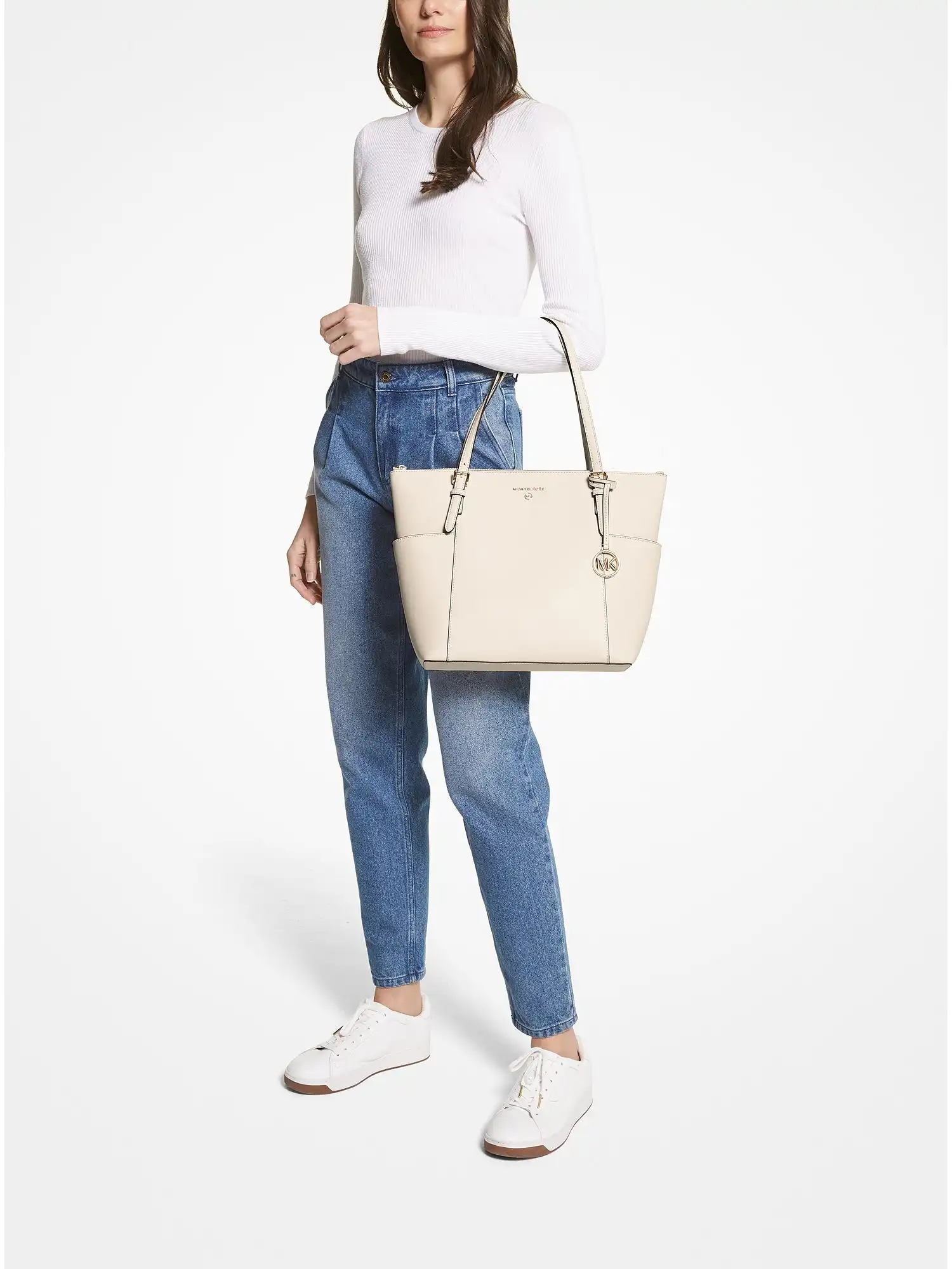 Jet Set Large Saffiano Leather Top-Zip Tote Bag Lt Cream