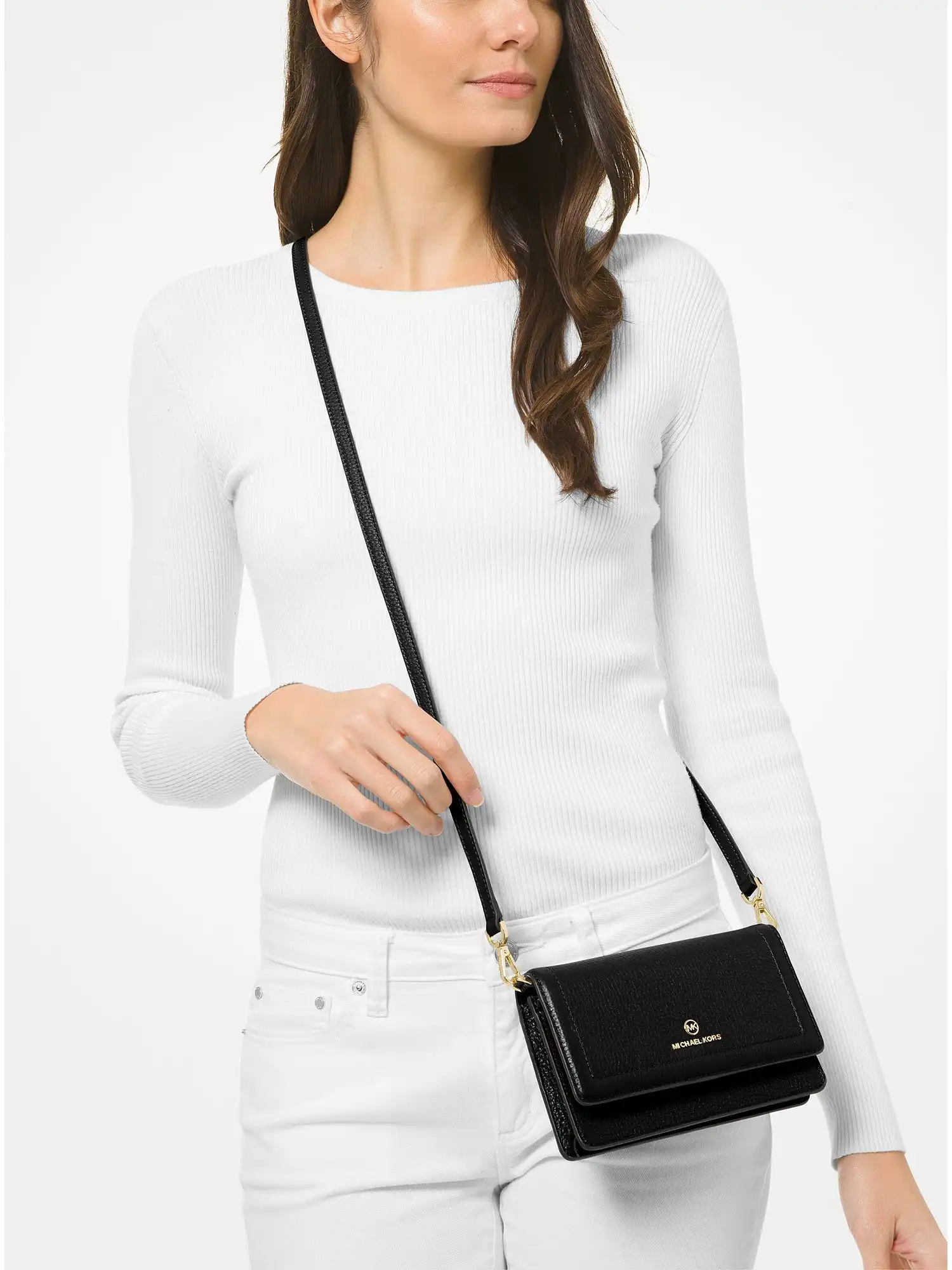Jet Set Small Pebbled Leather Smartphone Convertible Crossbody Bag Black