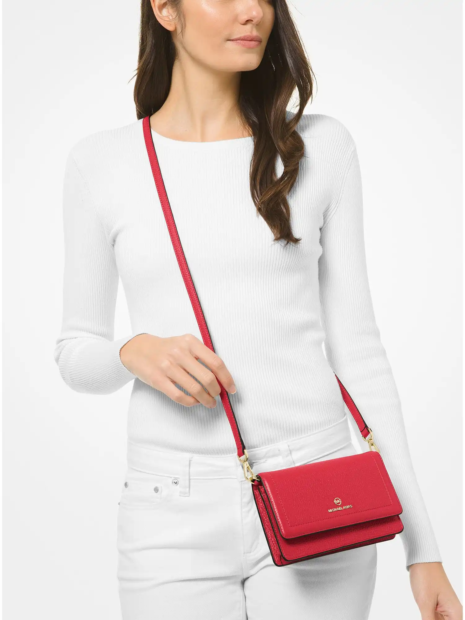 Jet Set Small Pebbled Leather Smartphone Convertible Crossbody Bag Crimson