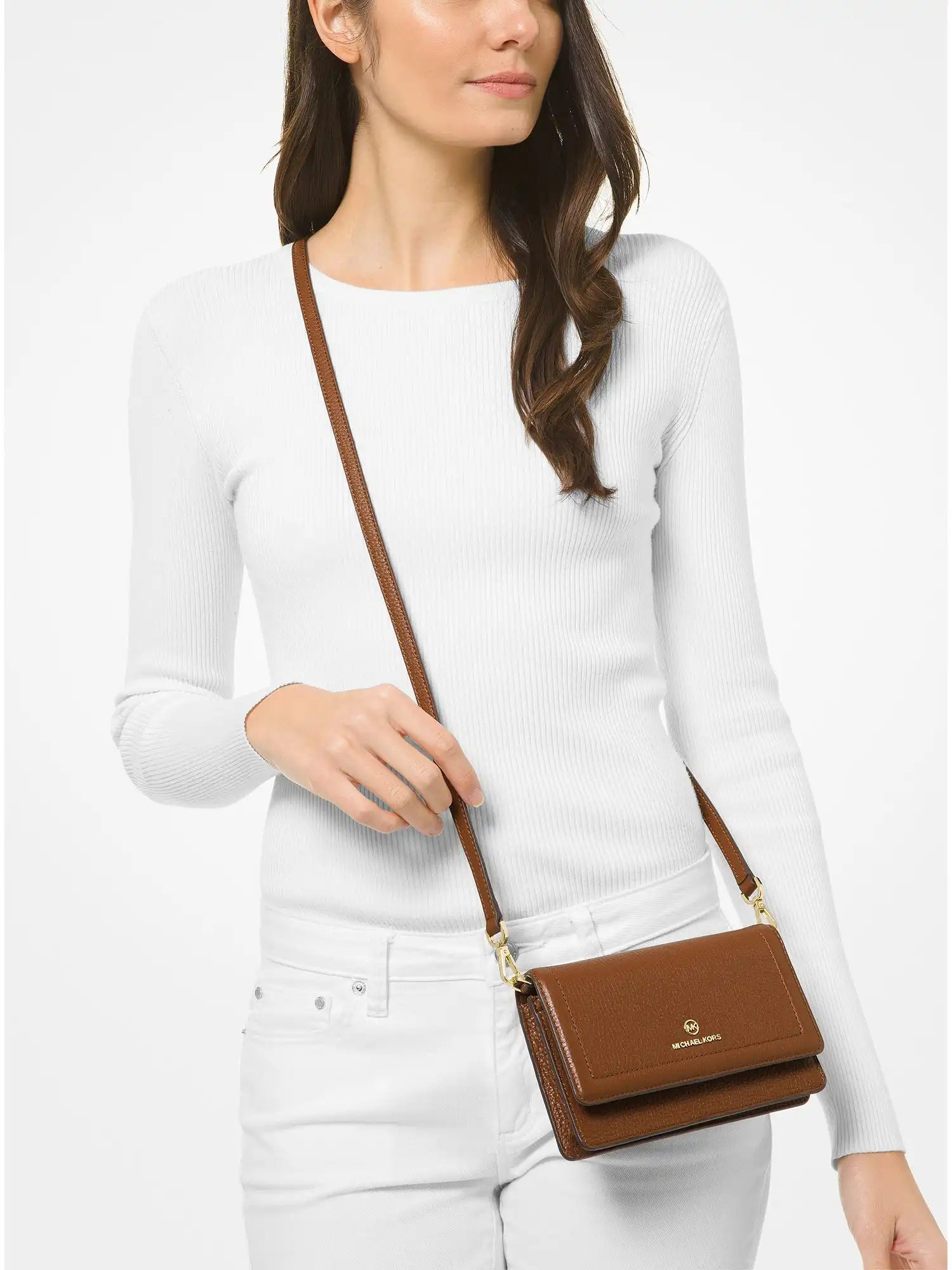 Jet Set Small Pebbled Leather Smartphone Convertible Crossbody Bag Luggage