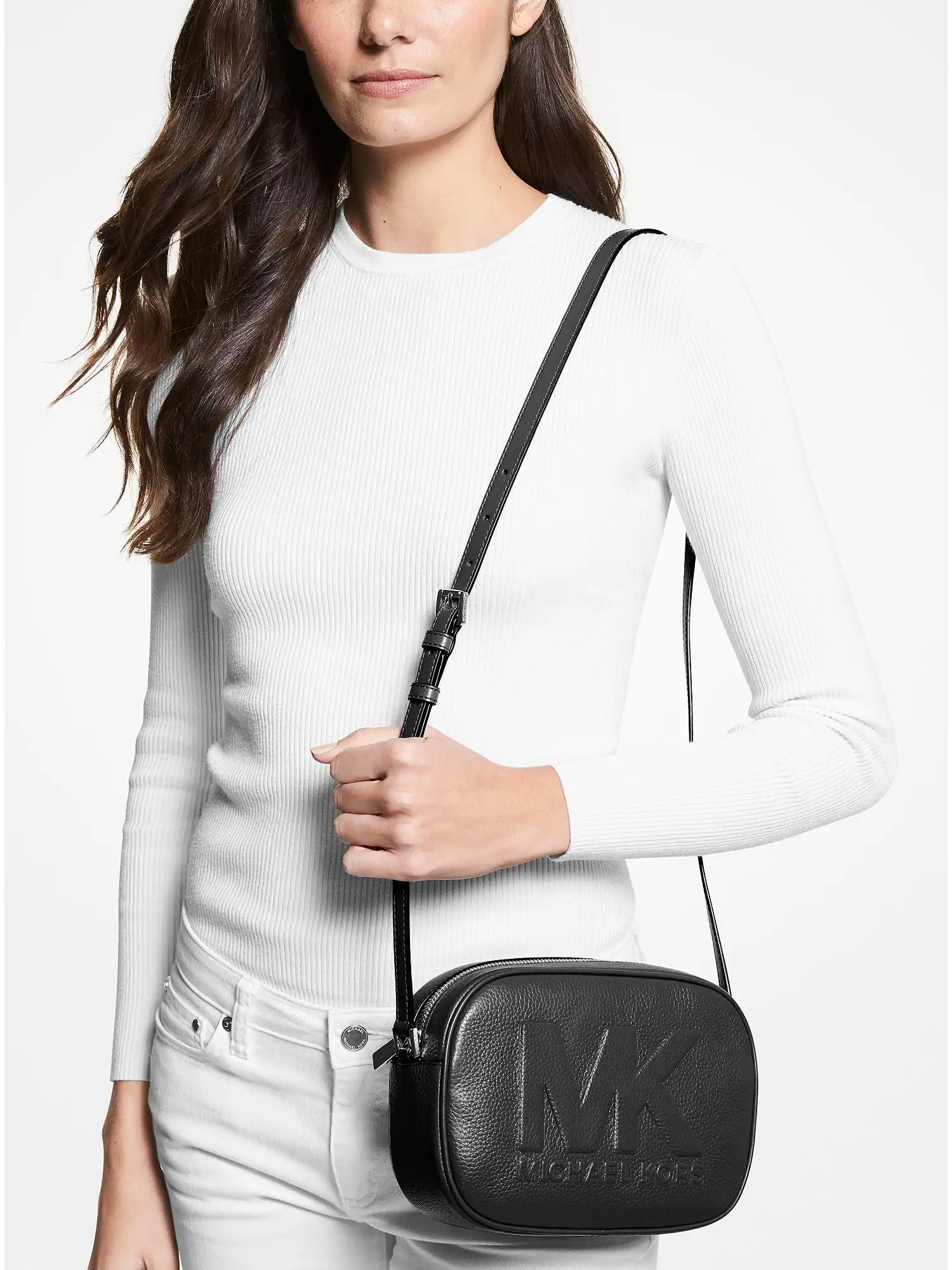 Jet Set Travel Medium Logo Embossed Pebbled Leather Crossbody Bag Black