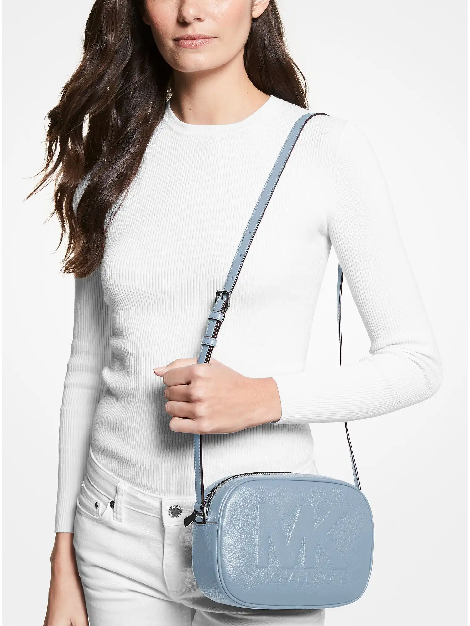Jet Set Travel Medium Logo Embossed Pebbled Leather Crossbody Bag Pale Blue