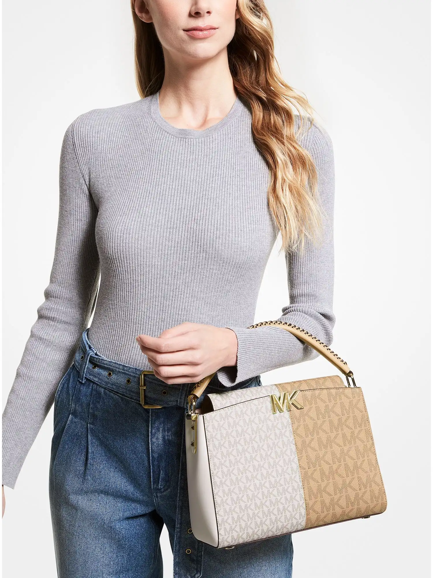 Karlie Medium Two-Tone Graphic Logo Satchel Vanilla Combo