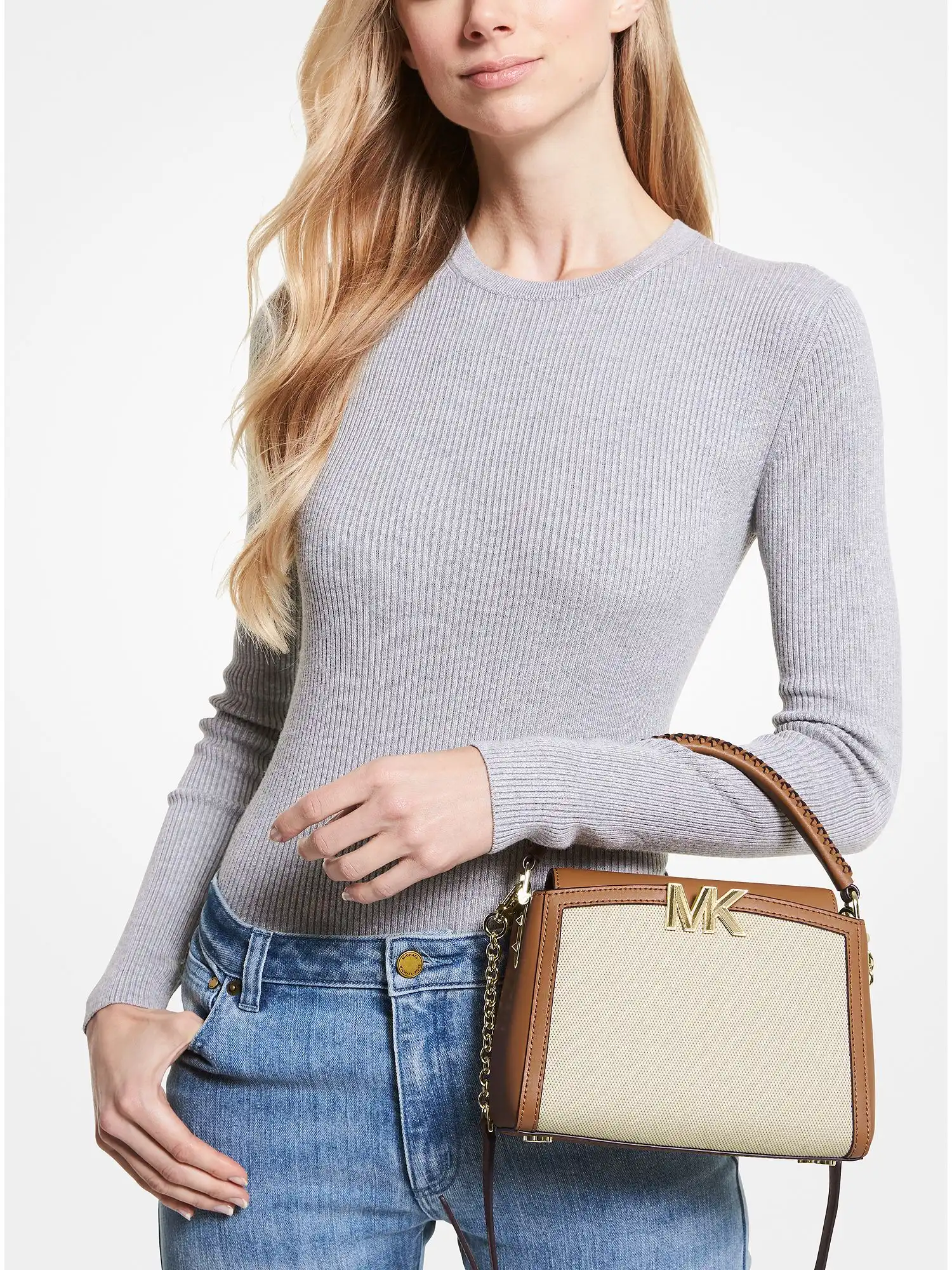 Karlie Small Canvas and Leather Crossbody Bag Natural