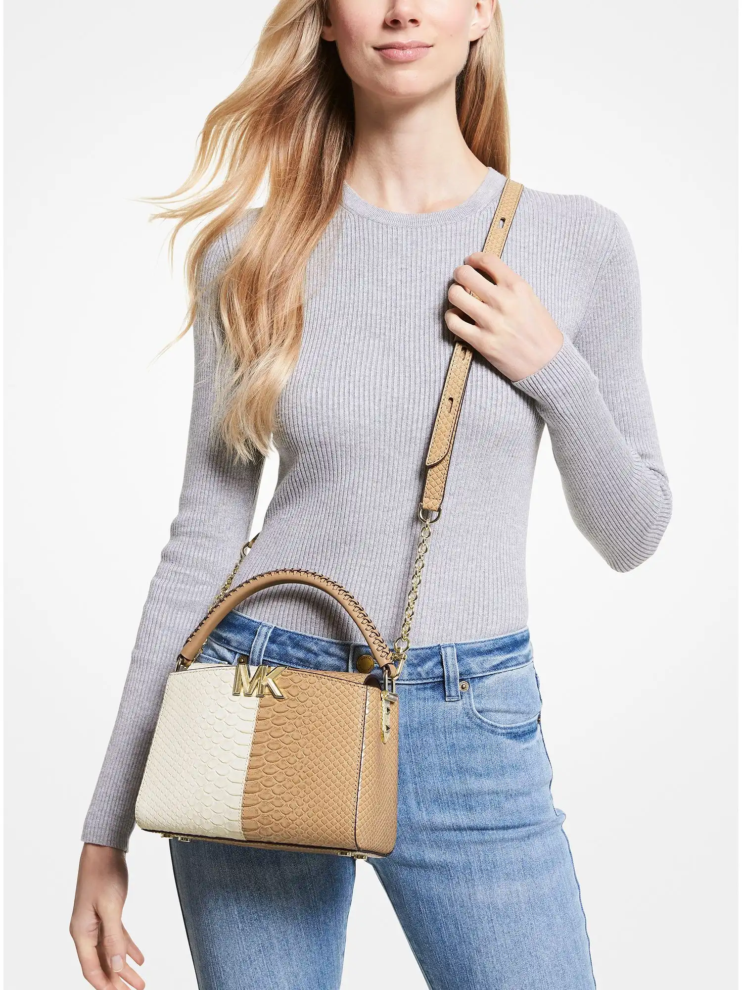 Karlie Small Two-Tone Snake Embossed Leather Crossbody Bag Lt Crm Multi