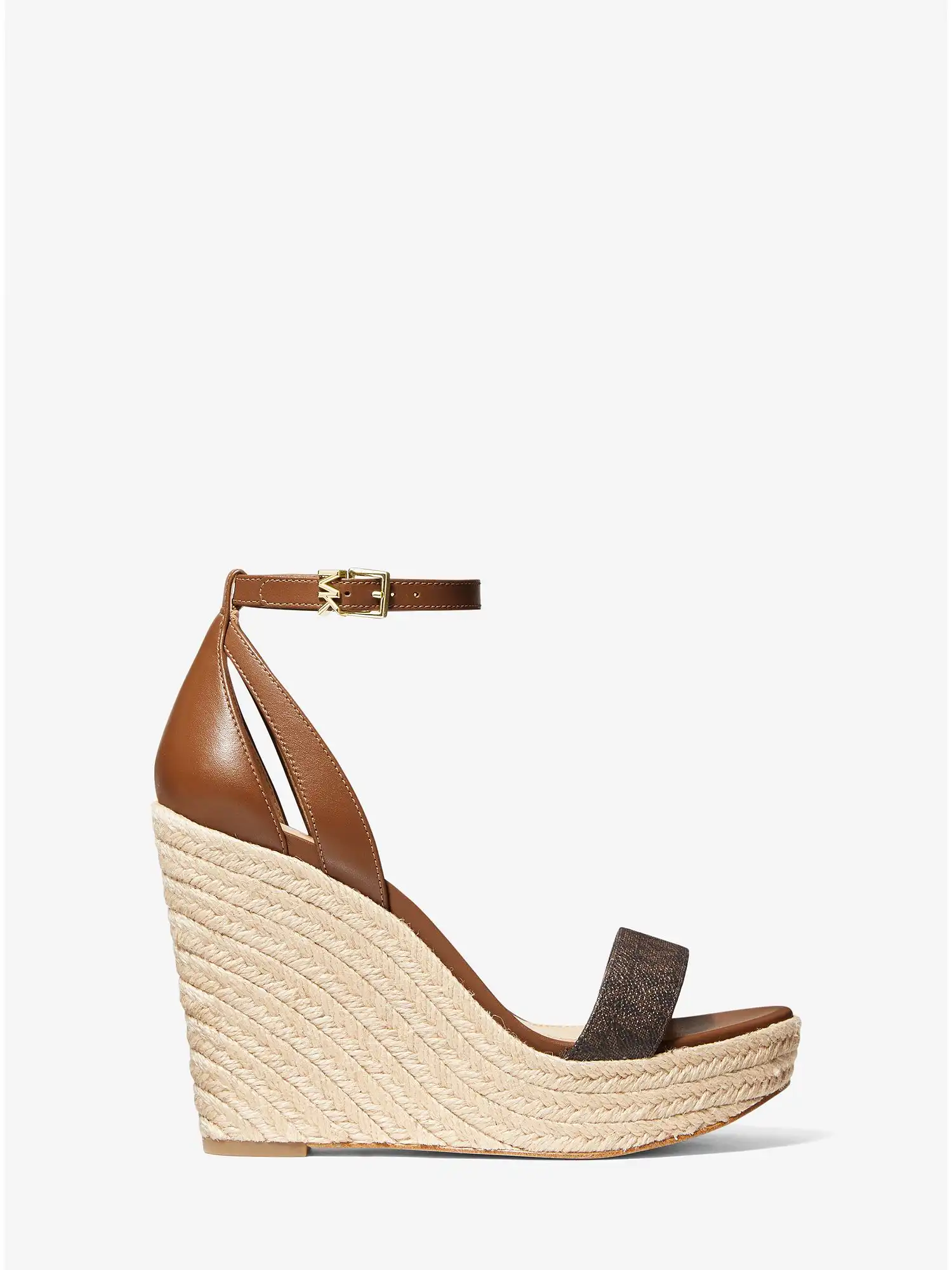 Kimberly Logo and Leather Wedge Sandal Brown Luggage